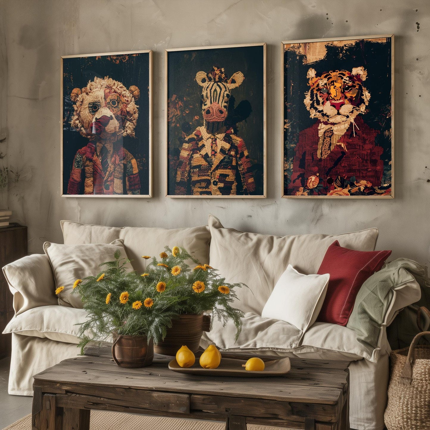 Set of Three Patchwork Safari Posters - 3 Lion Zebra Tiger Art Prints - Photo Painting Wall Gift Giclée Décor Kids Toy Favourite Nursery