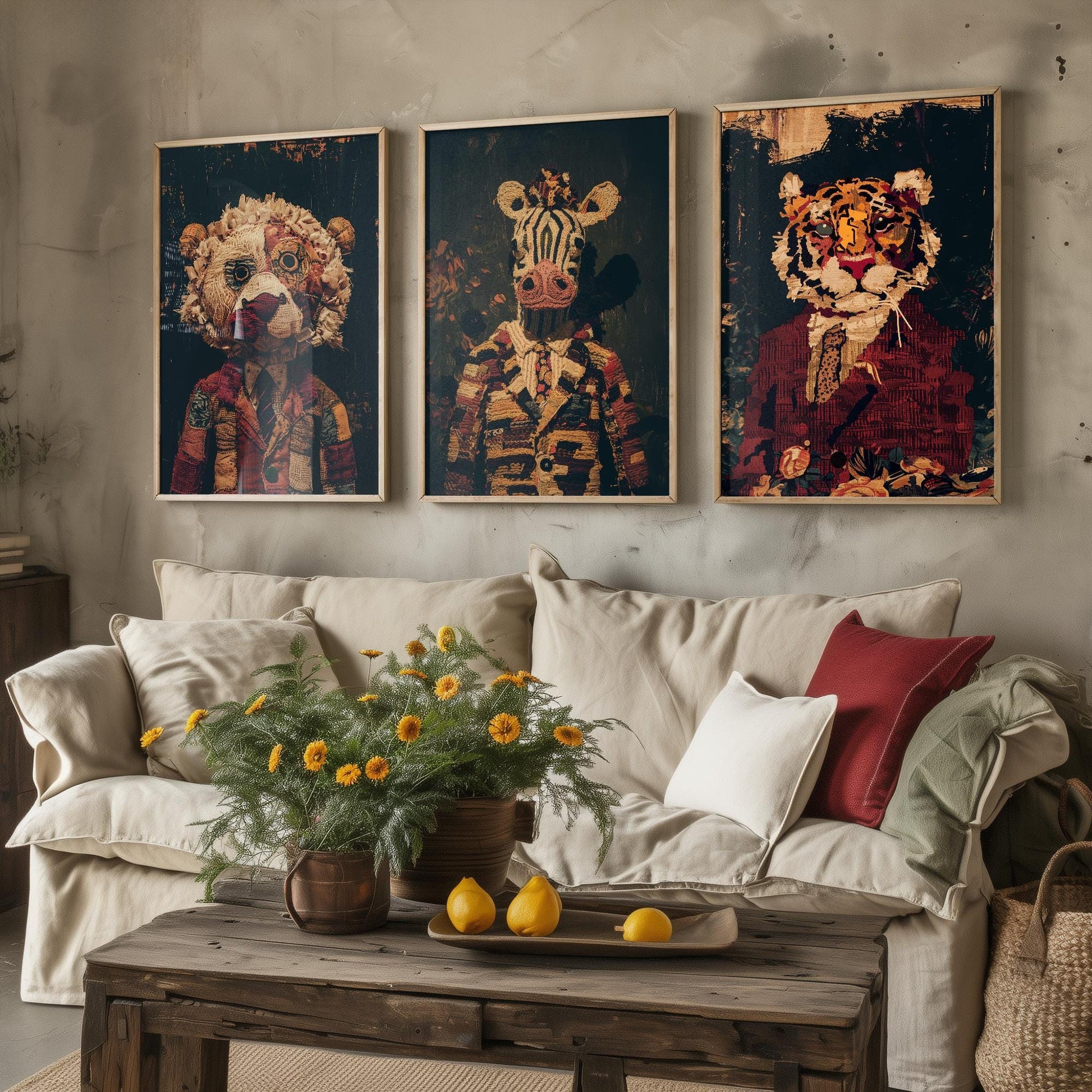 Set of Three Patchwork Safari Posters - 3 Lion Zebra Tiger Art Prints - Photo Painting Wall Gift Giclée Décor Kids Toy Favourite Nursery