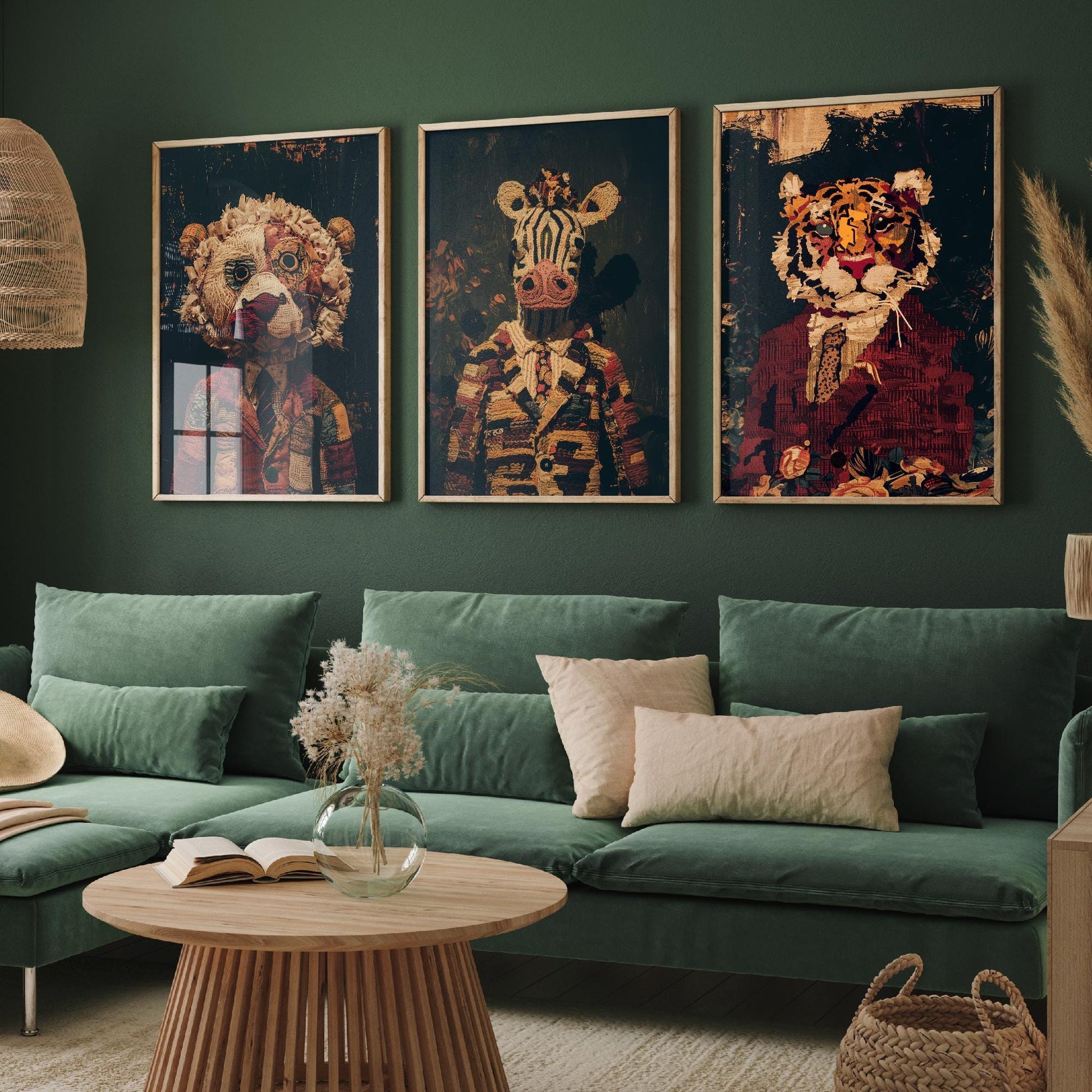Set of Three Patchwork Safari Posters - 3 Lion Zebra Tiger Art Prints - Photo Painting Wall Gift Giclée Décor Kids Toy Favourite Nursery