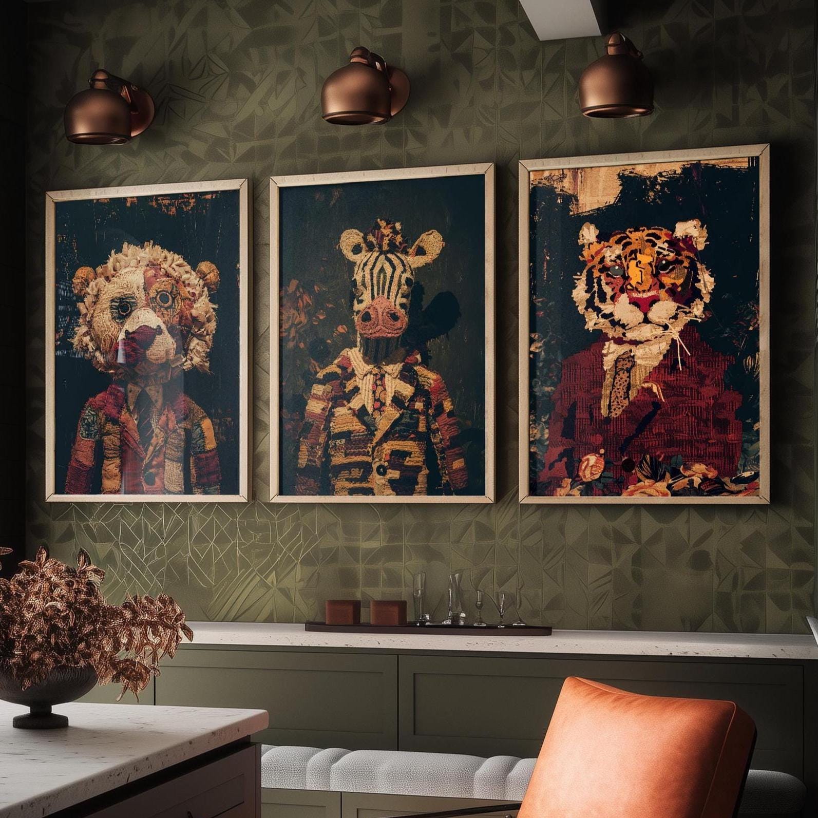 Set of Three Patchwork Safari Posters - 3 Lion Zebra Tiger Art Prints - Photo Painting Wall Gift Giclée Décor Kids Toy Favourite Nursery