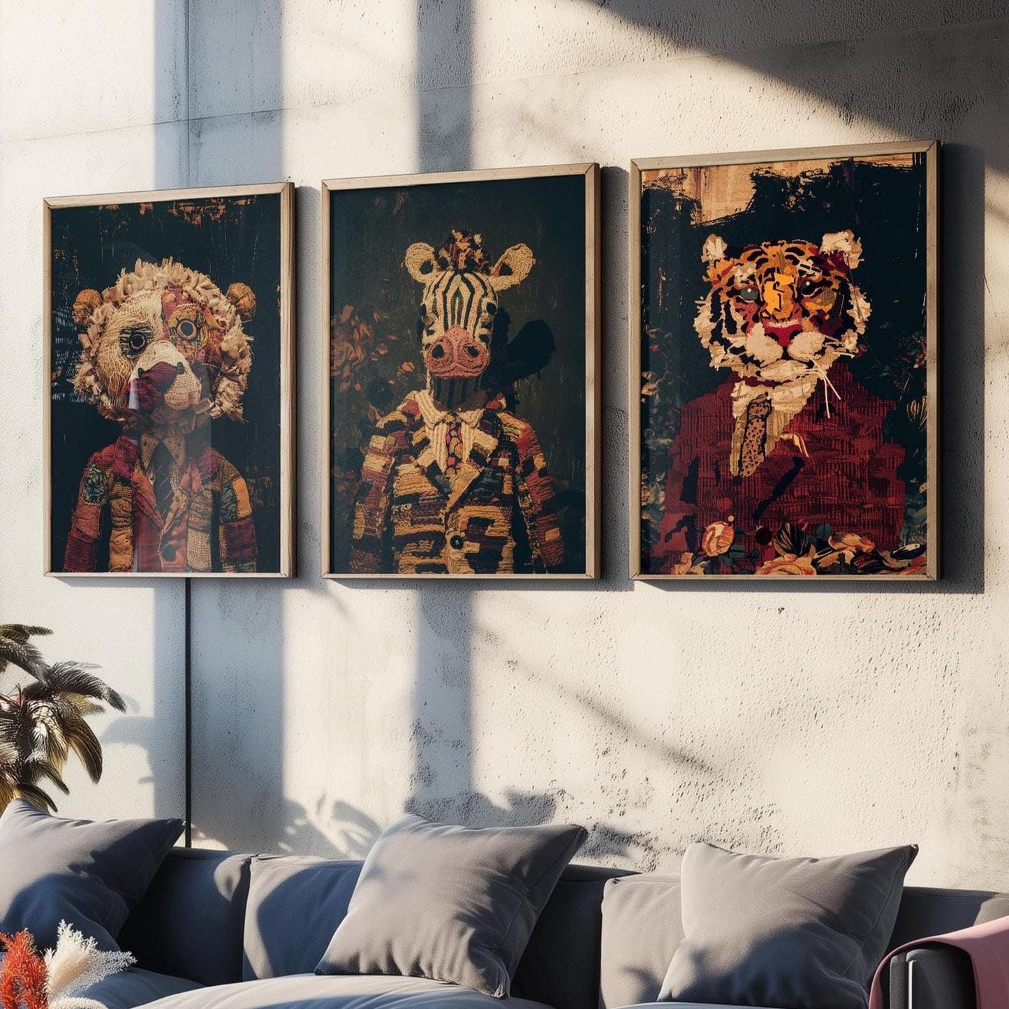Set of Three Patchwork Safari Posters - 3 Lion Zebra Tiger Art Prints - Photo Painting Wall Gift Giclée Décor Kids Toy Favourite Nursery