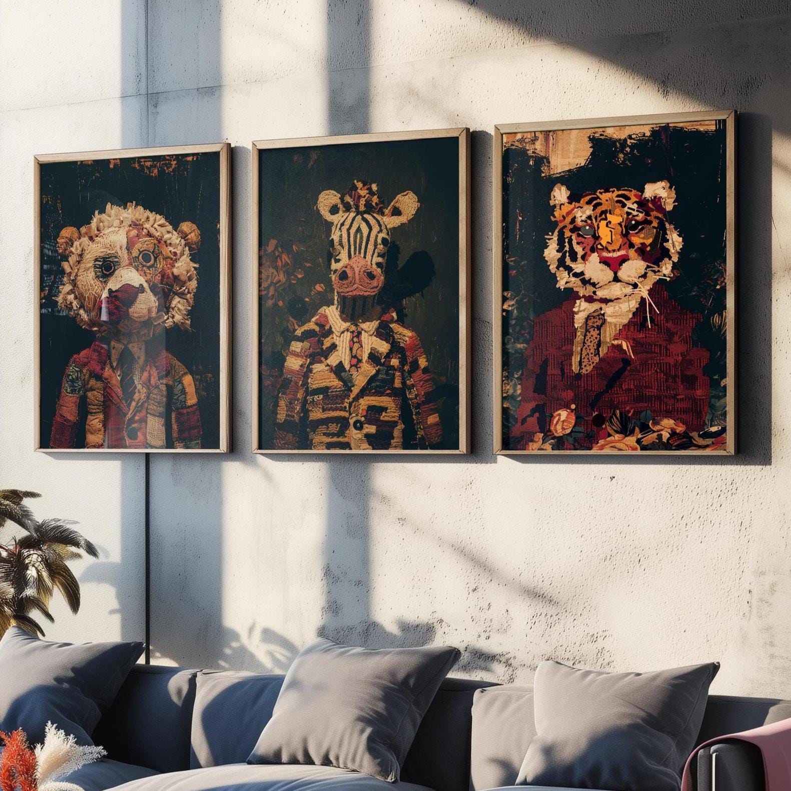 Set of Three Patchwork Safari Posters - 3 Lion Zebra Tiger Art Prints - Photo Painting Wall Gift Giclée Décor Kids Toy Favourite Nursery