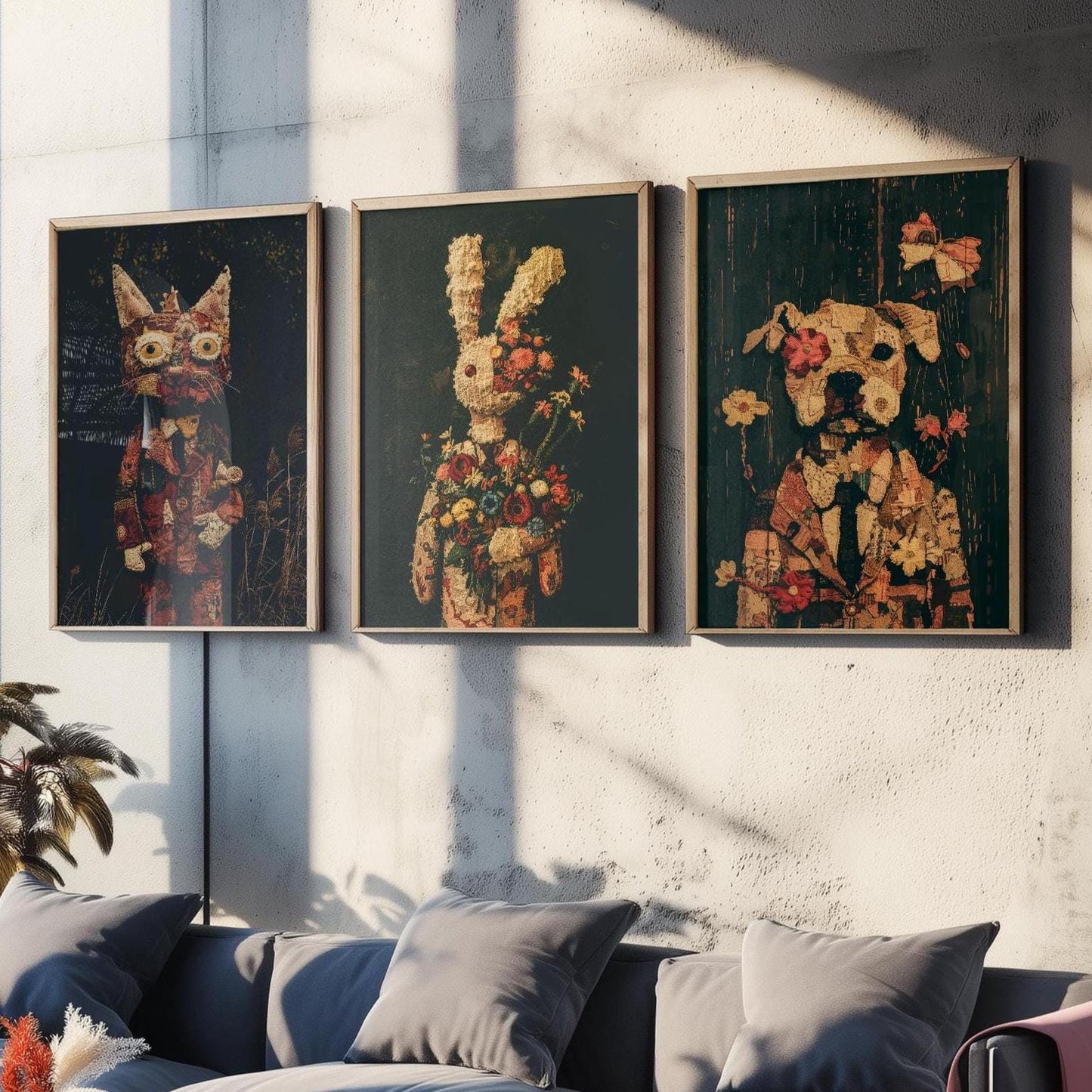 Set of Three Patchwork Safari Posters - 3 Cat Bunny Rabbit Dog Art Prints - Photo Painting Wall Gift Giclée Décor Kids Toy Favourite Nursery
