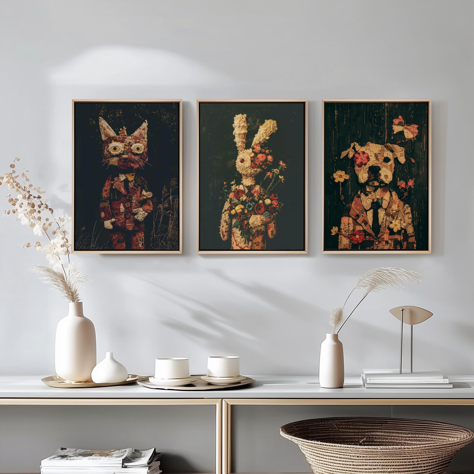 Set of Three Patchwork Safari Posters - 3 Cat Bunny Rabbit Dog Art Prints - Photo Painting Wall Gift Giclée Décor Kids Toy Favourite Nursery