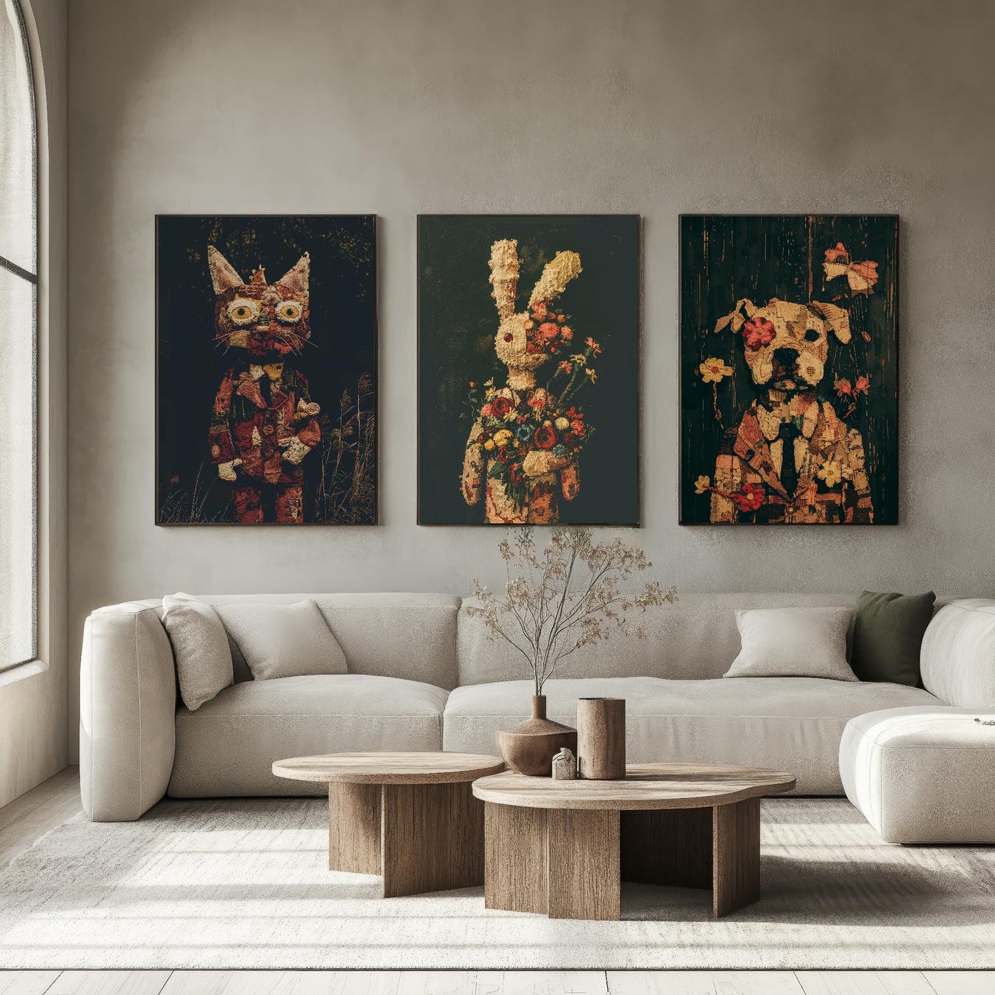 Set of Three Patchwork Safari Posters - 3 Cat Bunny Rabbit Dog Art Prints - Photo Painting Wall Gift Giclée Décor Kids Toy Favourite Nursery