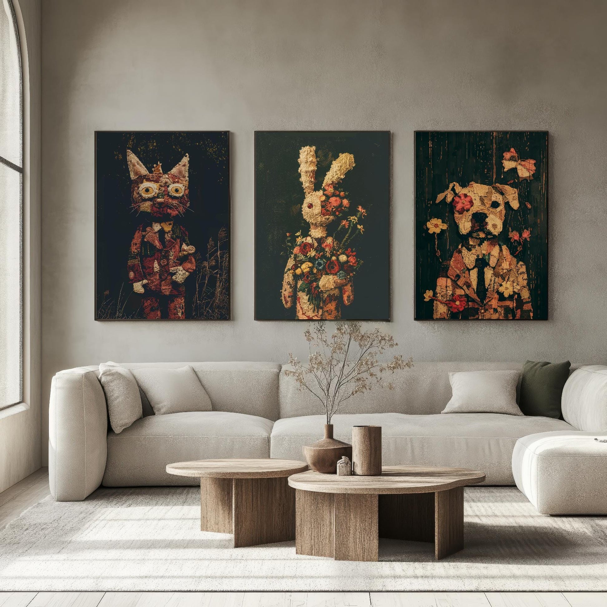 Set of Three Patchwork Safari Posters - 3 Cat Bunny Rabbit Dog Art Prints - Photo Painting Wall Gift Giclée Décor Kids Toy Favourite Nursery