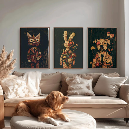 Set of Three Patchwork Safari Posters - 3 Cat Bunny Rabbit Dog Art Prints - Photo Painting Wall Gift Giclée Décor Kids Toy Favourite Nursery