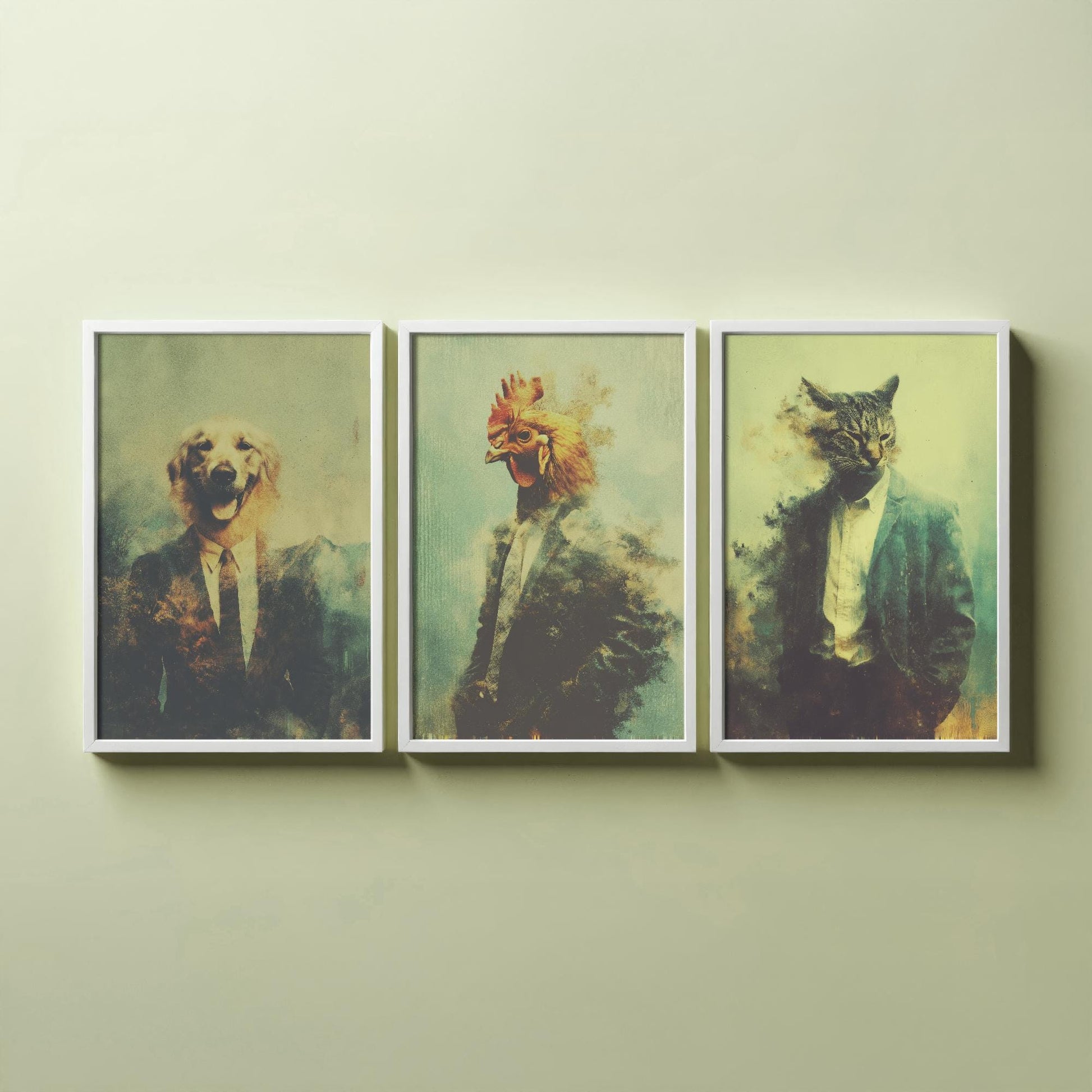 Set of Three Business Animals Wearing Suits Paintings - 3 Golden Retriever Dog, Chicken, Cat Art Prints - Photo Poster Wall Gift