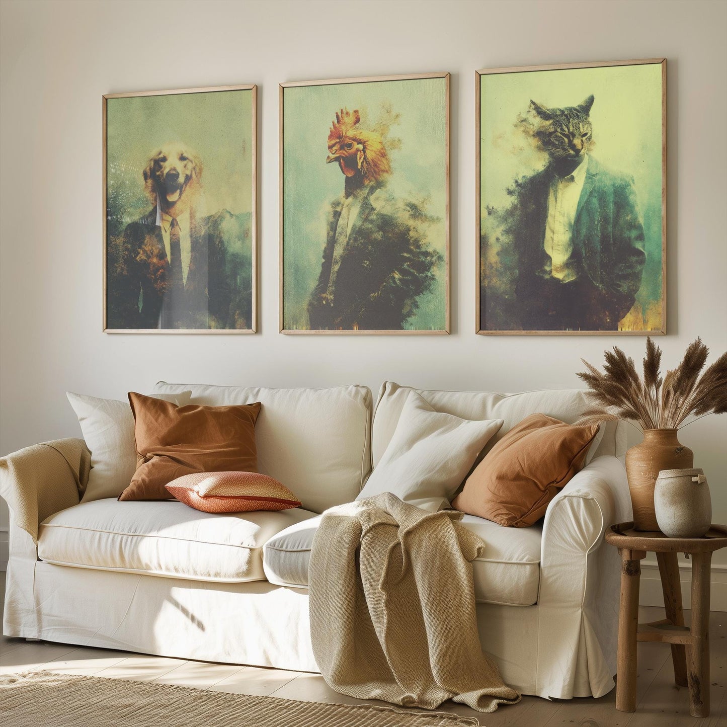 Set of Three Business Animals Wearing Suits Paintings - 3 Golden Retriever Dog, Chicken, Cat Art Prints - Photo Poster Wall Gift