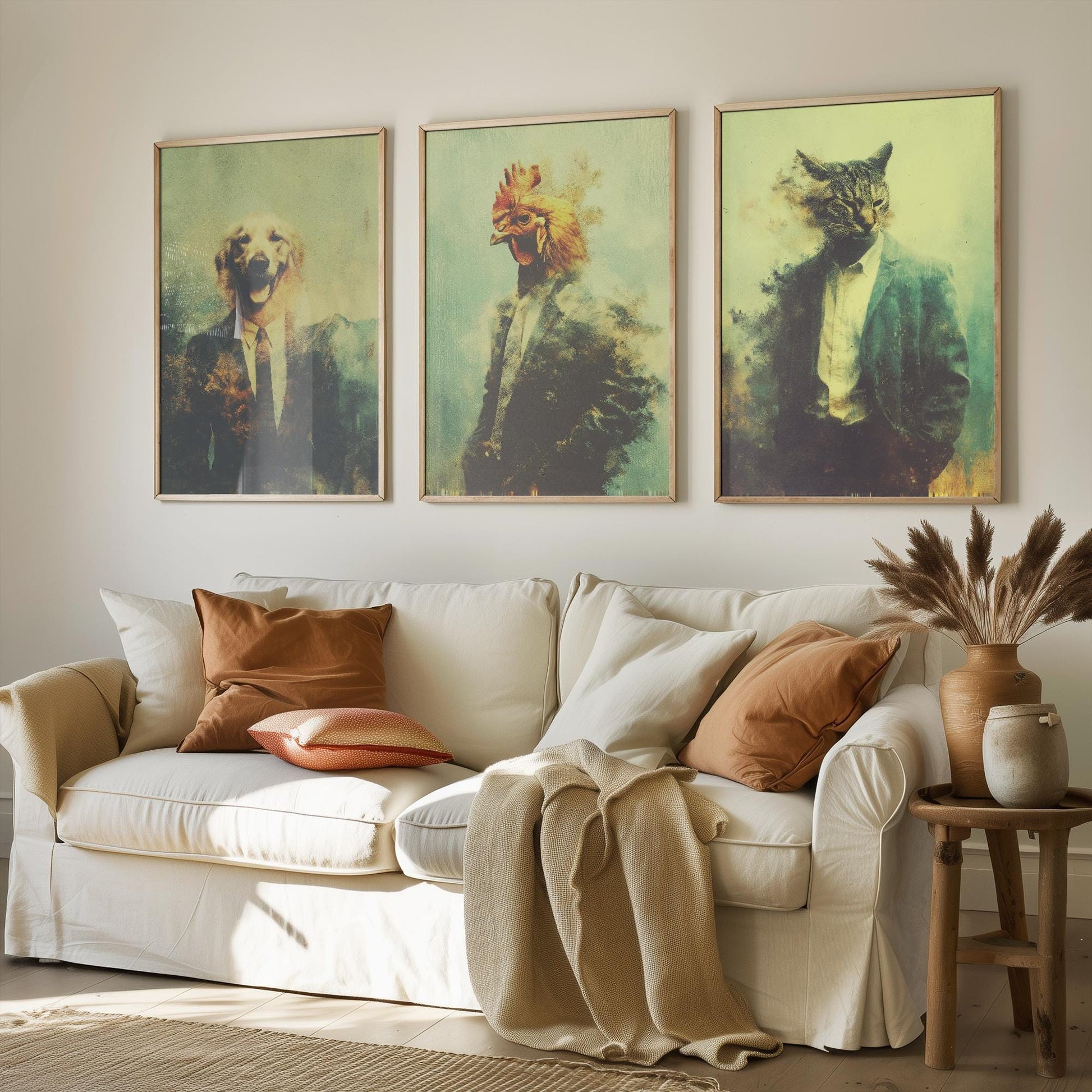 Set of Three Business Animals Wearing Suits Paintings - 3 Golden Retriever Dog, Chicken, Cat Art Prints - Photo Poster Wall Gift