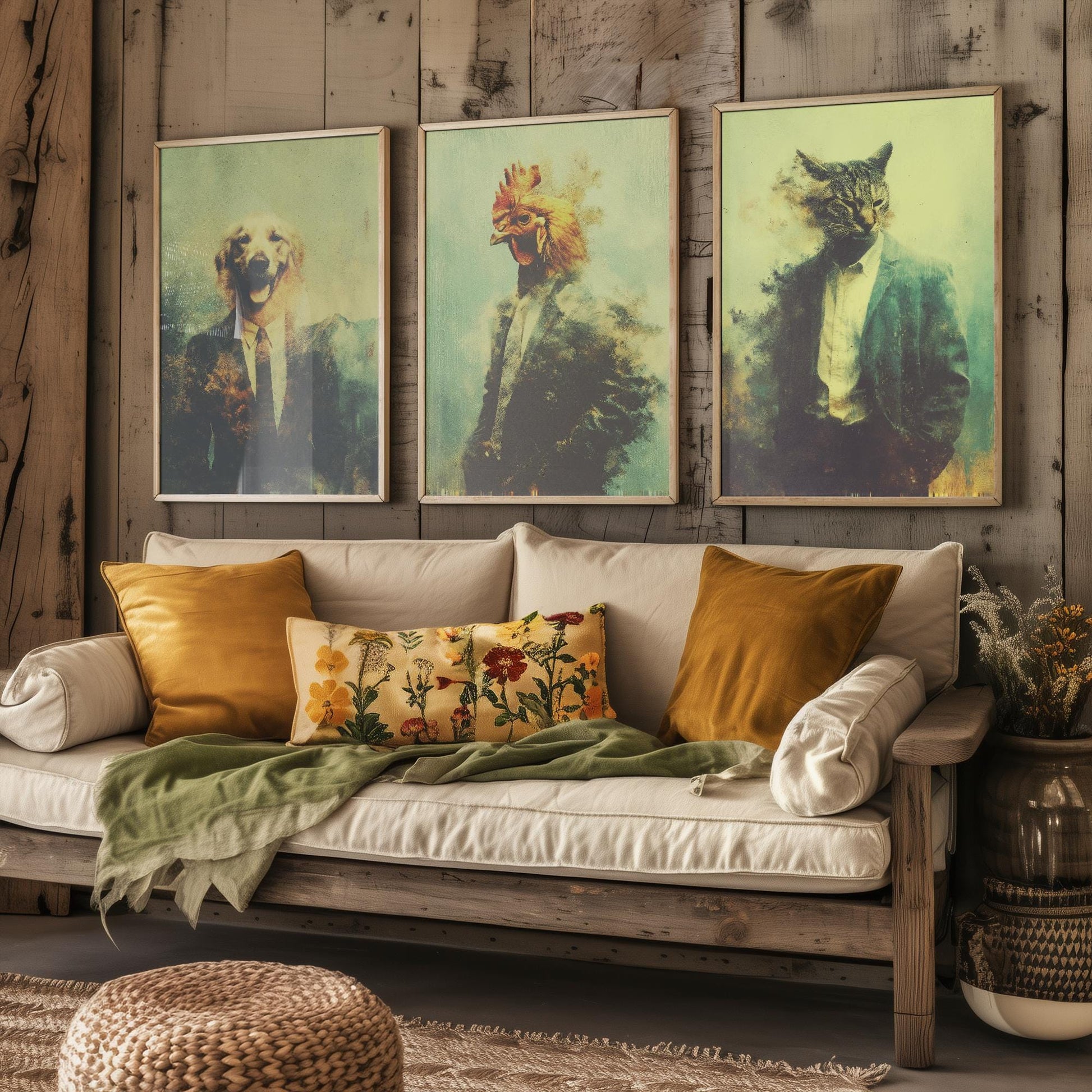 Set of Three Business Animals Wearing Suits Paintings - 3 Golden Retriever Dog, Chicken, Cat Art Prints - Photo Poster Wall Gift
