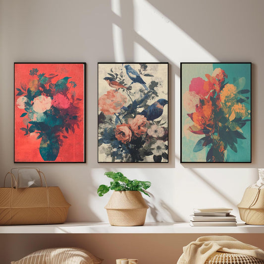 Set of Three Floral Bouquet with Birds Art Prints - Set of 3 Flower Plants - Paintings Photo Poster Wall Gift Museum Botanical Bunch Muted