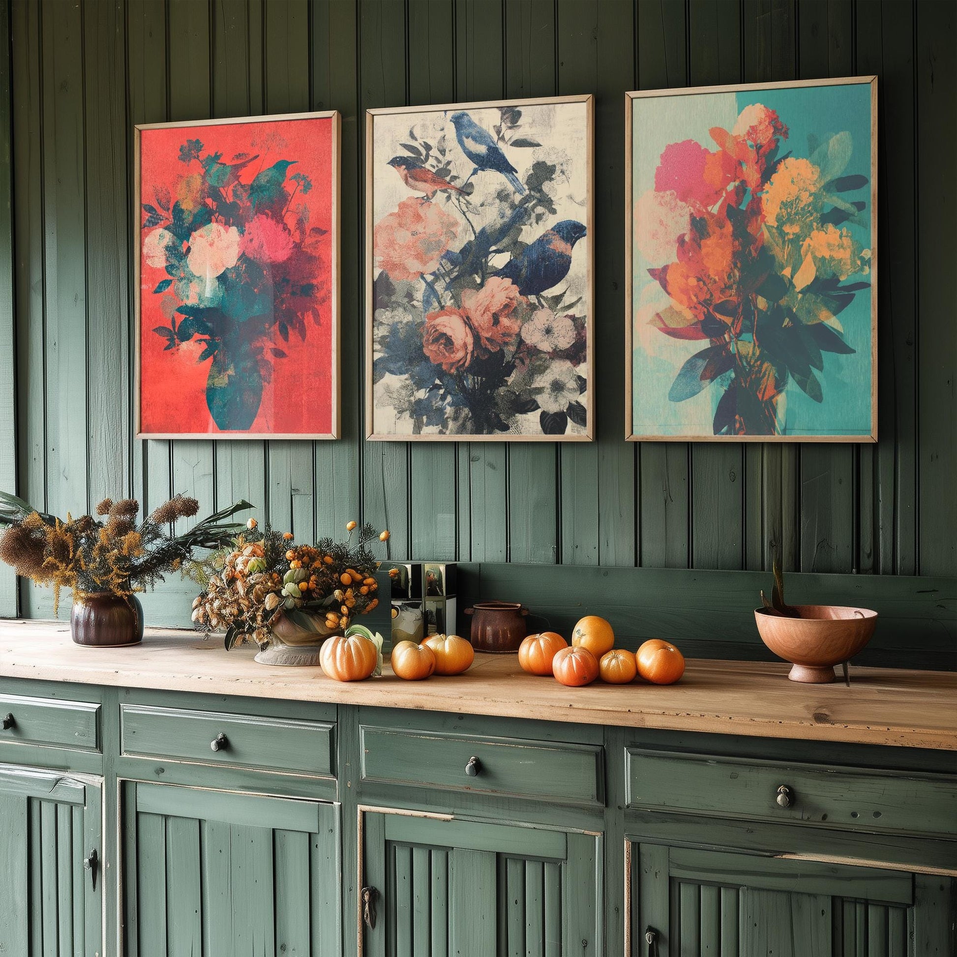 Set of Three Floral Bouquet with Birds Art Prints - Set of 3 Flower Plants - Paintings Photo Poster Wall Gift Museum Botanical Bunch Muted