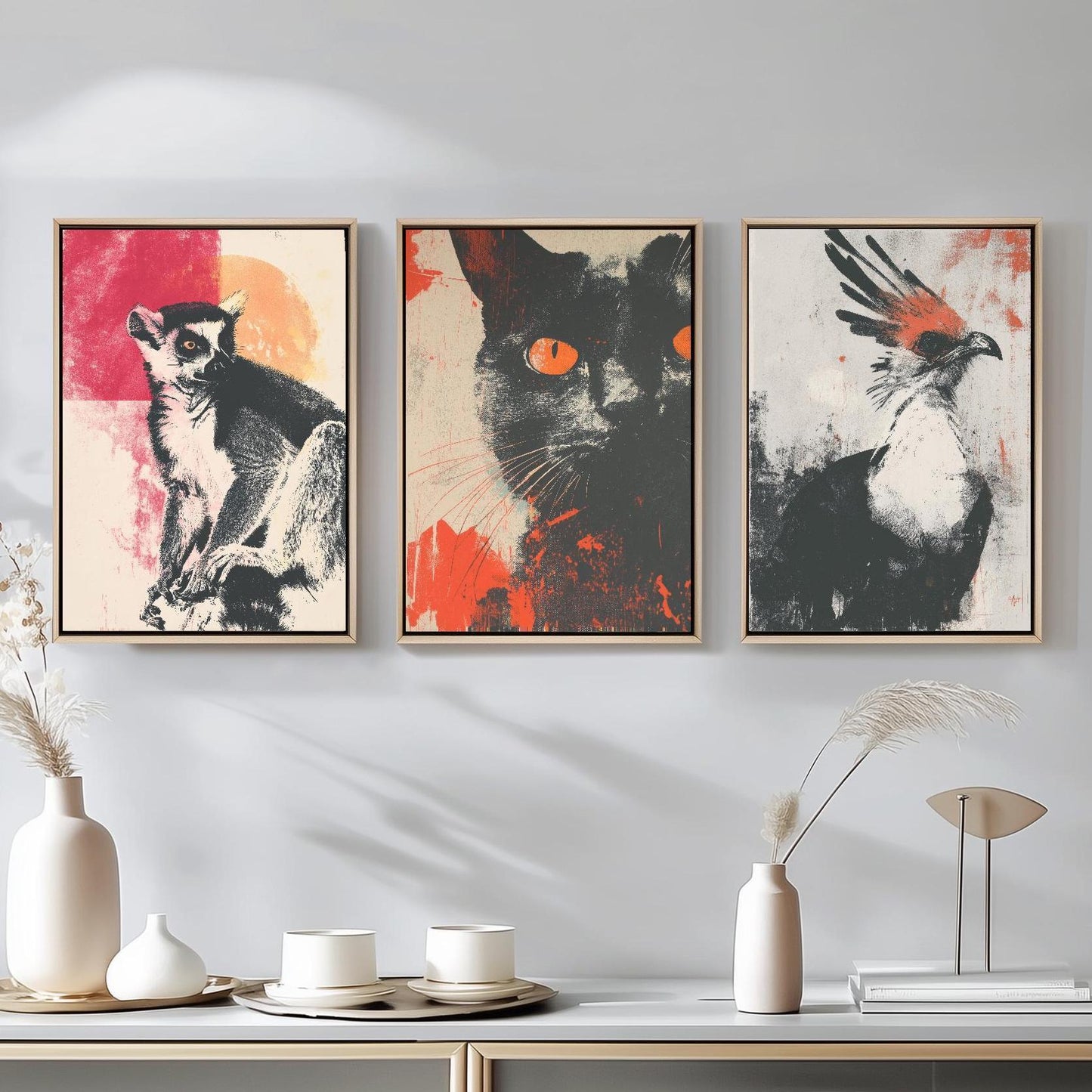 Animal Screen Prints Set of Three Paintings - Art Featuring the Ring Tailed Lemur, Cat and Secretary Bird - Unique Poster Set Gift