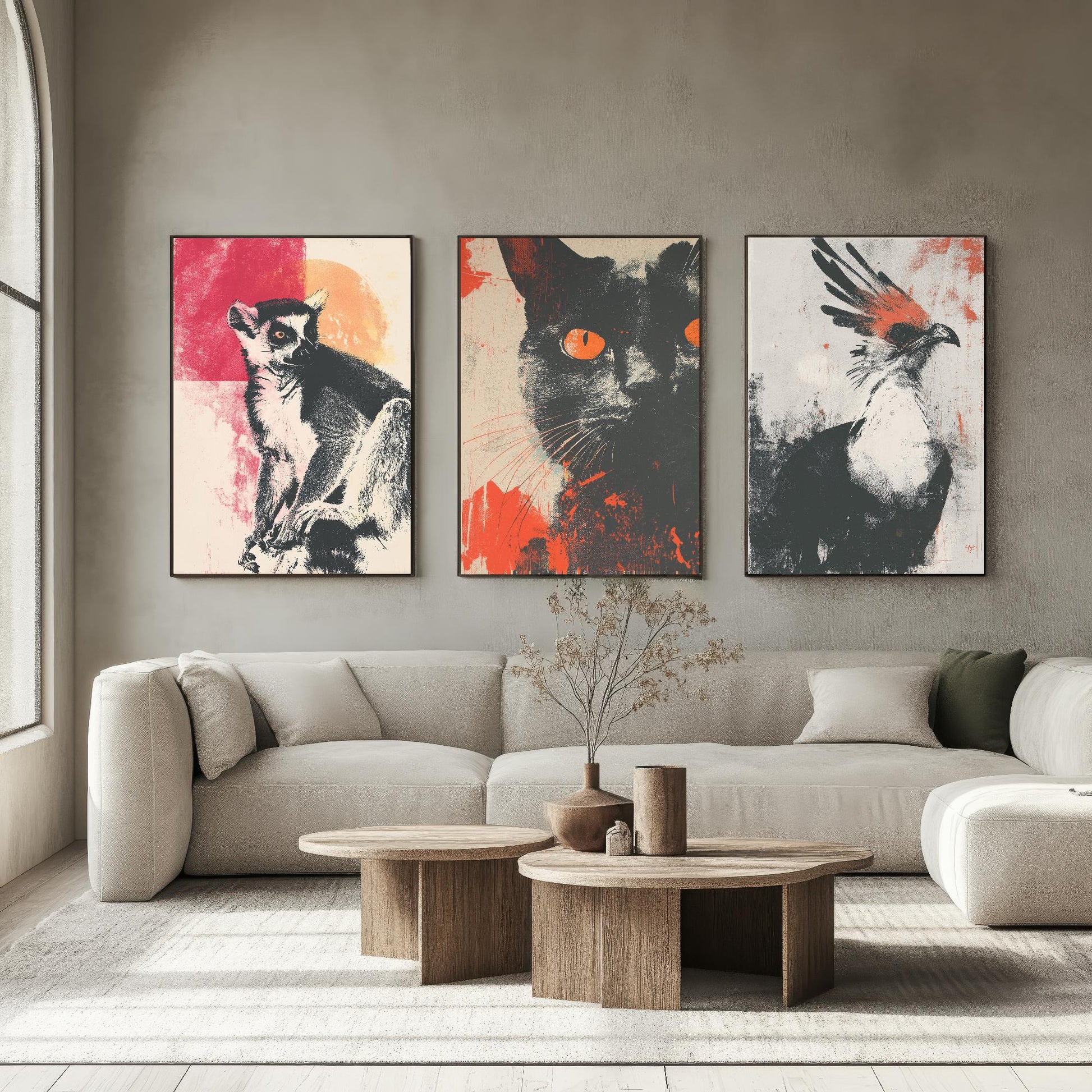 Animal Screen Prints Set of Three Paintings - Art Featuring the Ring Tailed Lemur, Cat and Secretary Bird - Unique Poster Set Gift