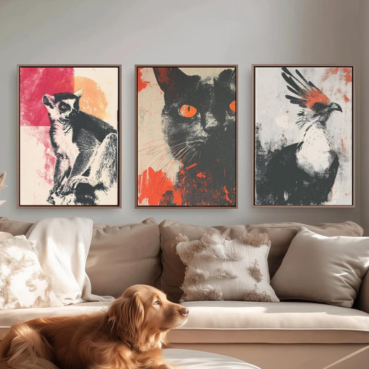 Animal Screen Prints Set of Three Paintings - Art Featuring the Ring Tailed Lemur, Cat and Secretary Bird - Unique Poster Set Gift