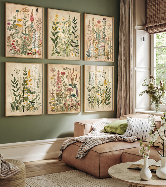 Set of Six Vintage Wildflower Floral Art Prints - Set of 6 Flower Plants Posters - Paintings Photo Wall Gift Ferns Botanical V6 Meadow Chic
