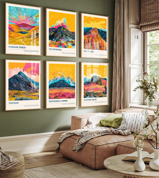 Mountains of Wales Set of Six Art Prints - Cadair Idris, Yr Wyddfa, Pen y Fan, Tryfan, Rhowbell Fawr, Glyder Fach Idris 6 Posters Painting