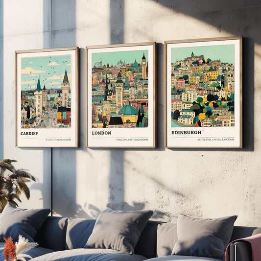 Cardiff, London and Edinburgh Set of Three UK Travel Posters - Capital Cities Abundance Illustrations - 3 Art Prints Photo Painting Gift