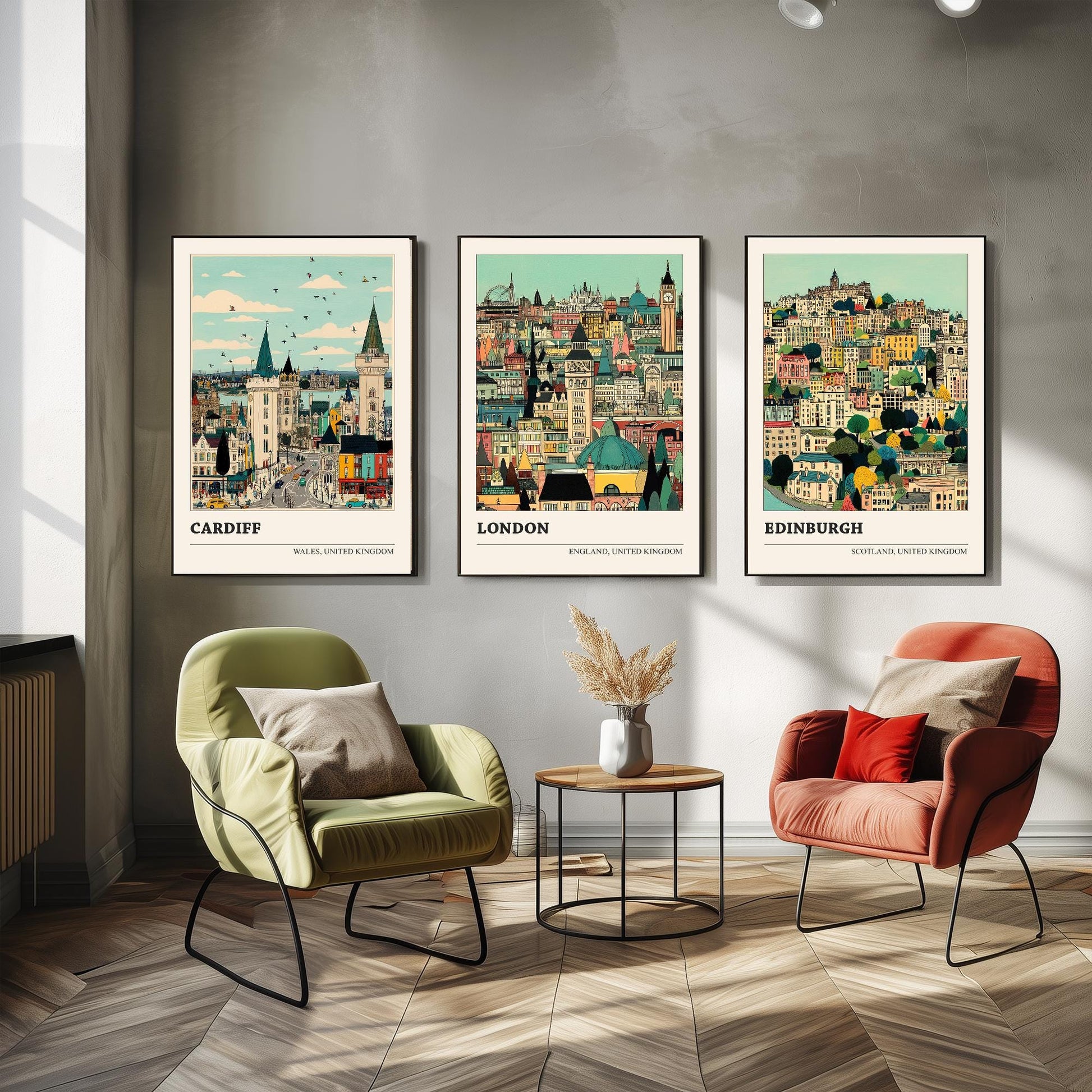 Cardiff, London and Edinburgh Set of Three UK Travel Posters - Capital Cities Abundance Illustrations - 3 Art Prints Photo Painting Gift
