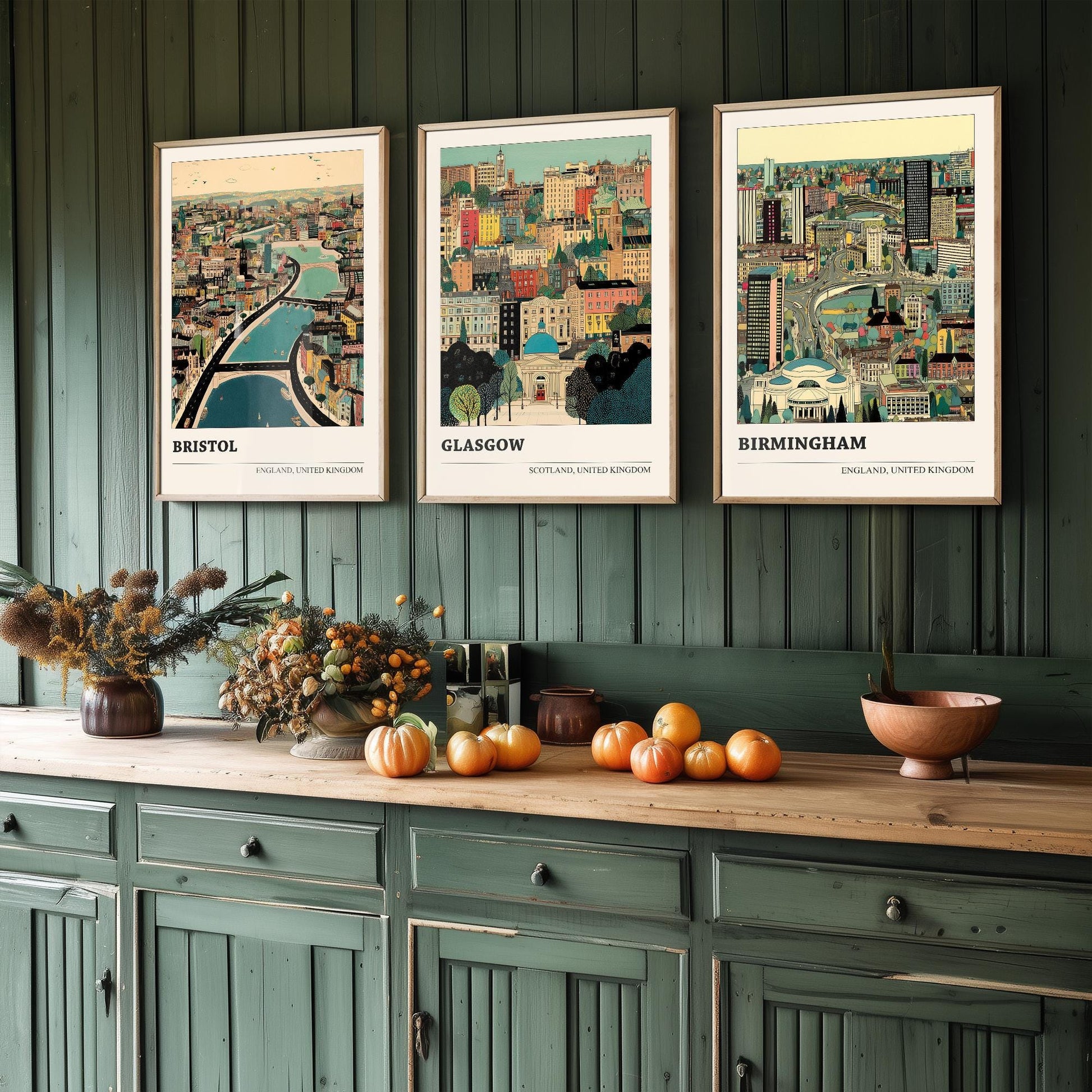 Bristol, Glasgow and Birmingham Set of Three UK Travel Posters - Capital Cities Abundance Illustrations - 3 Art Prints Photo Painting Gift