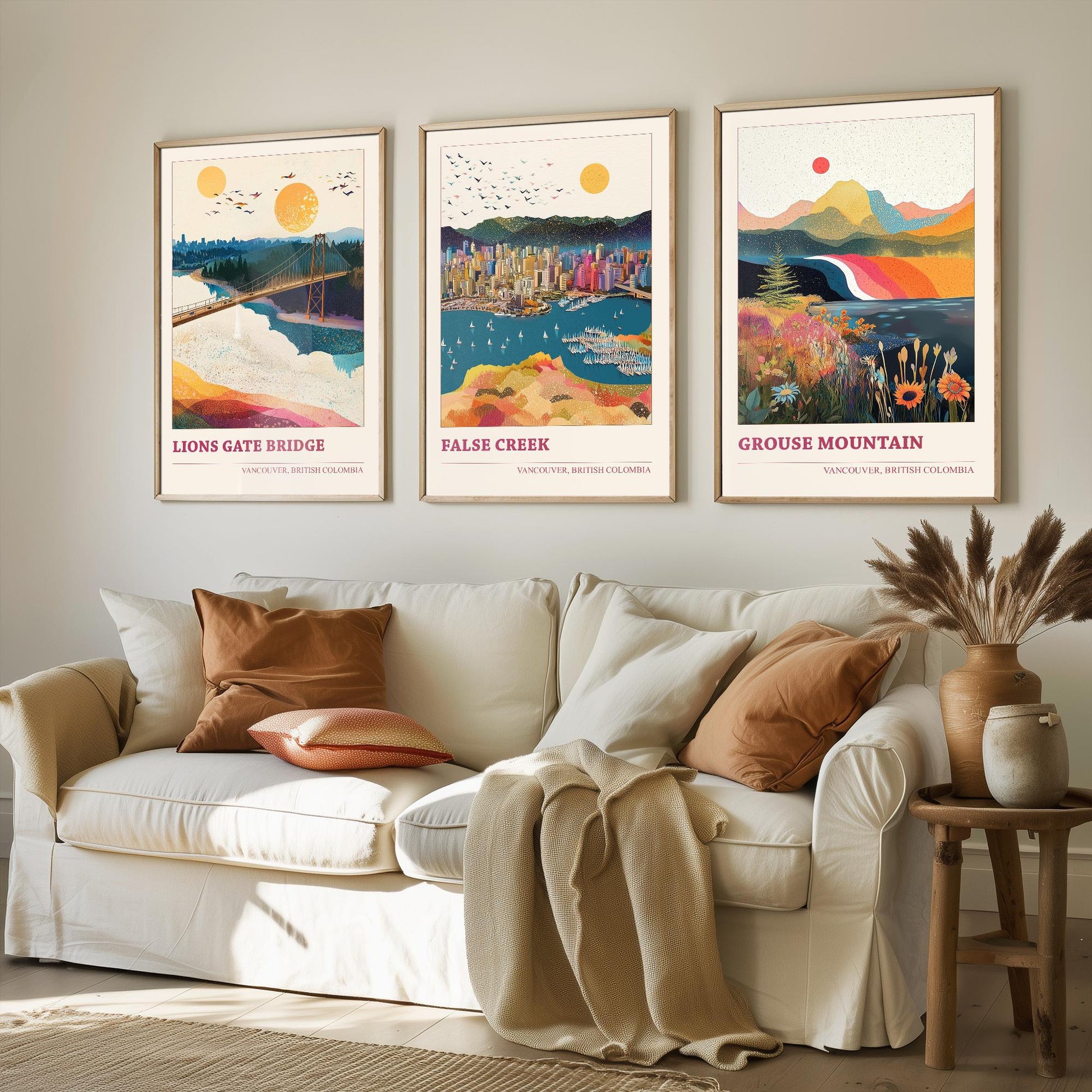 Vancouver Set of Three Travel Posters - Lion's Gate Bridge, False Creek, Grouse Mountain Canada Illustrations - 3 Art Prints Painting Gift