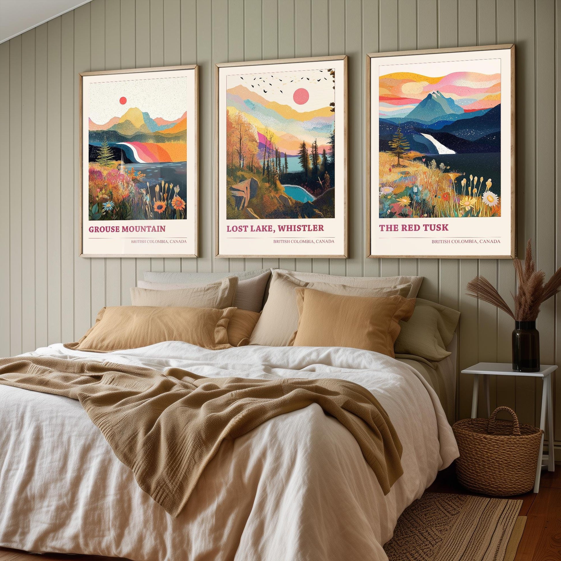 British Colombia Set of Three Travel Posters - Grouse Mountain, Lost Lake, The Red Tusk Vancouver Illustrations - 3 Art Prints Painting Gift