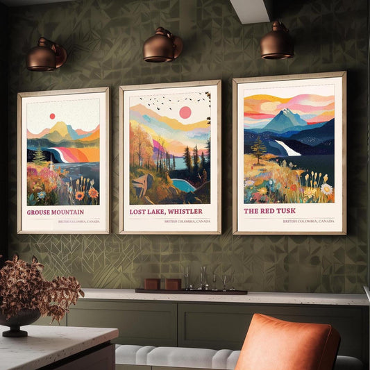 British Colombia Set of Three Travel Posters - Grouse Mountain, Lost Lake, The Red Tusk Vancouver Illustrations - 3 Art Prints Painting Gift