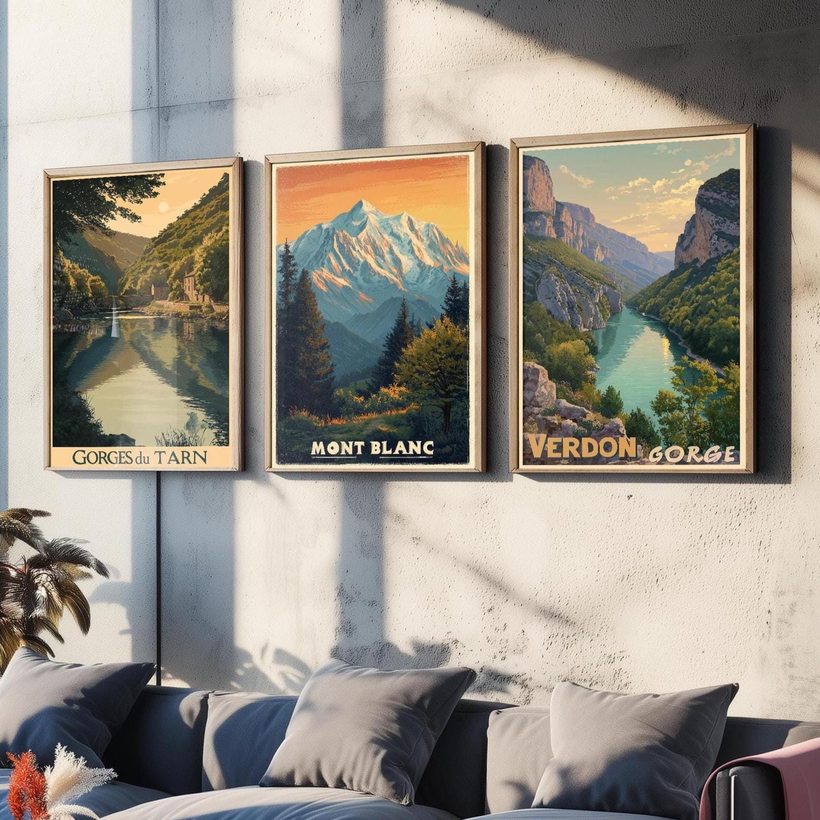 Natural Wonders of France Set of Three Travel Posters - Gorges du Tarn, Mont Blanc, Verdon Gorge Illustrations - 3 Art Prints Painting Gift
