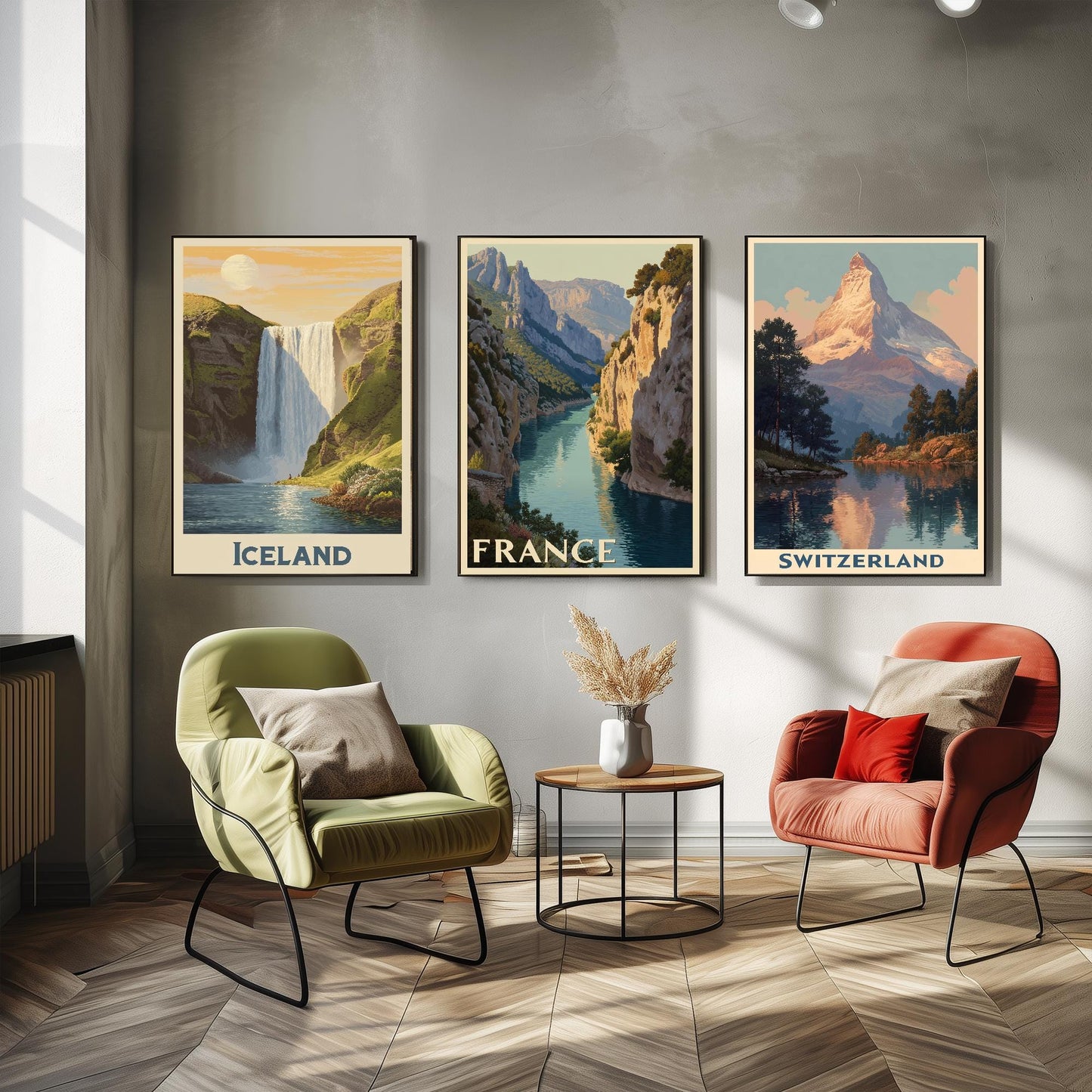 Natural Wonders of Iceland, France and Switzerland - Set of Three Travel Posters - Illustrations 3 Art Prints Painting Gift Photo