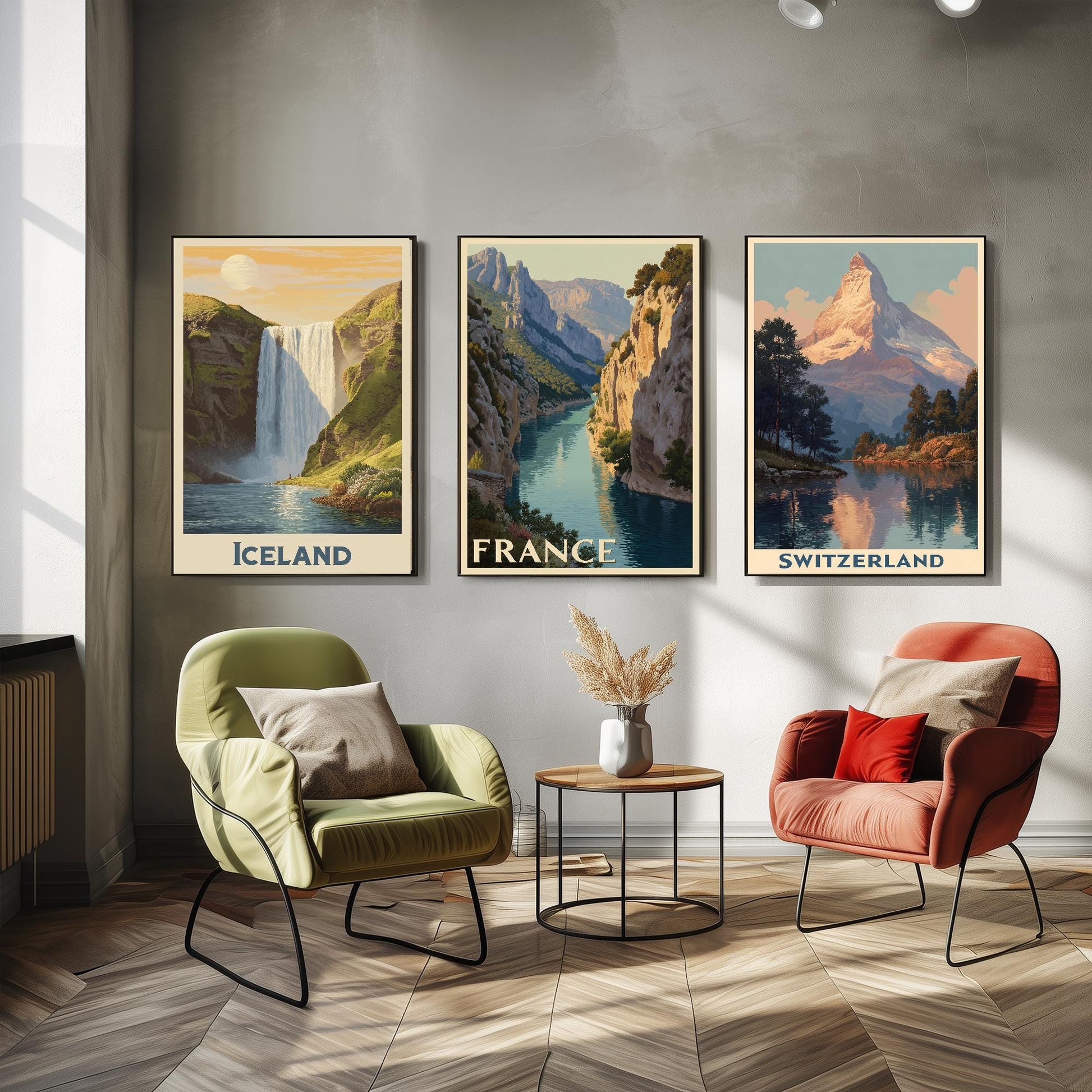 Natural Wonders of Iceland, France and Switzerland - Set of Three Travel Posters - Illustrations 3 Art Prints Painting Gift Photo
