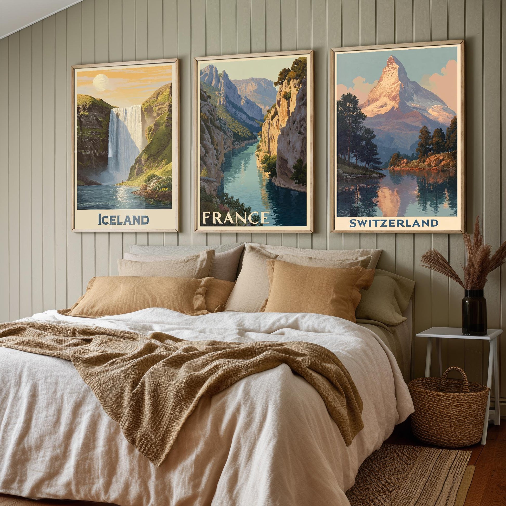Natural Wonders of Iceland, France and Switzerland - Set of Three Travel Posters - Illustrations 3 Art Prints Painting Gift Photo