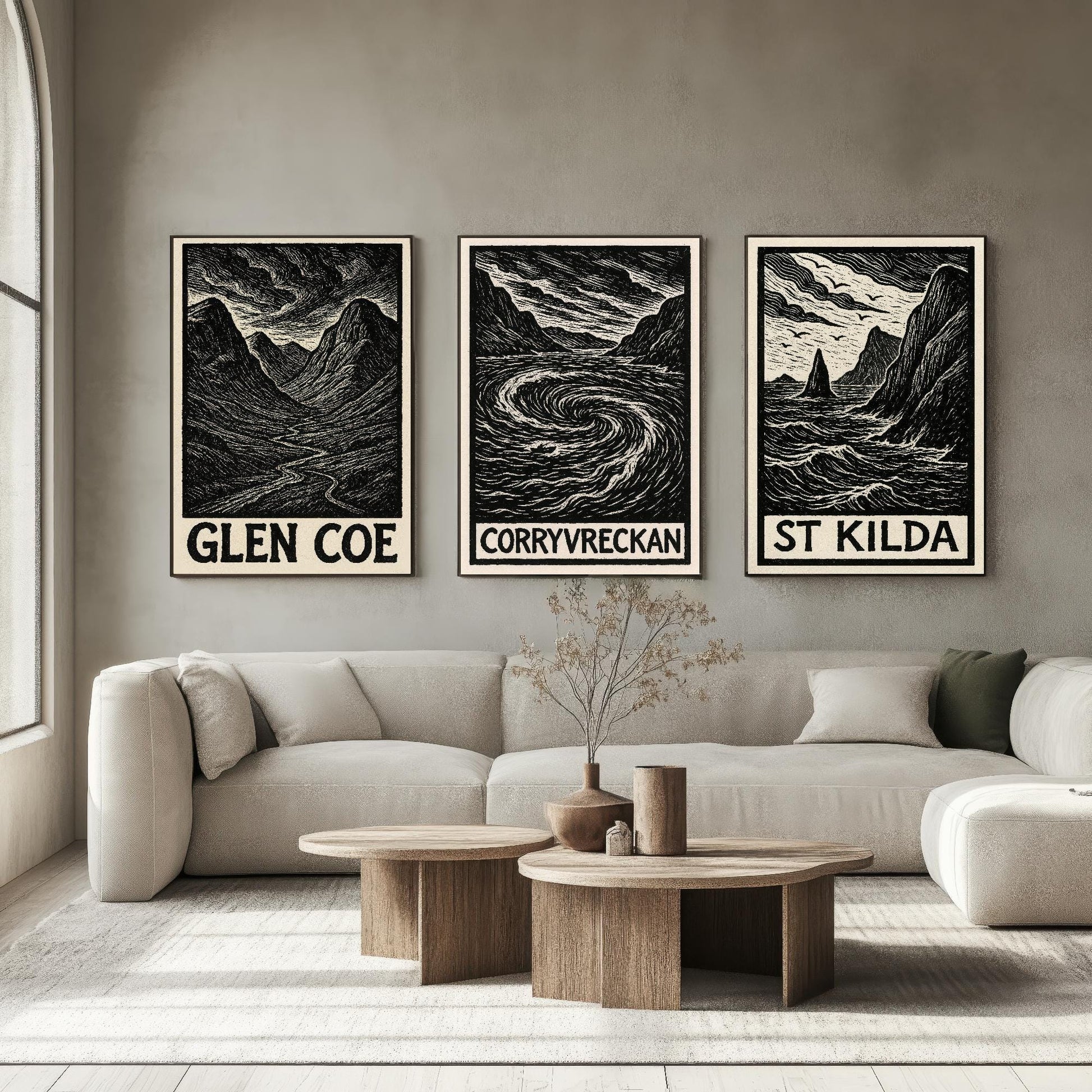 Glen Coe, Corryvreckan, St Kilda Posters - Set of Three Scotland Travel Art Prints - 3 B&W Woodcut Illustration Painting Highlands