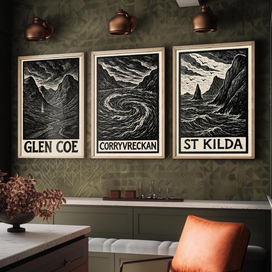 Glen Coe, Corryvreckan, St Kilda Posters - Set of Three Scotland Travel Art Prints - 3 B&W Woodcut Illustration Painting Highlands