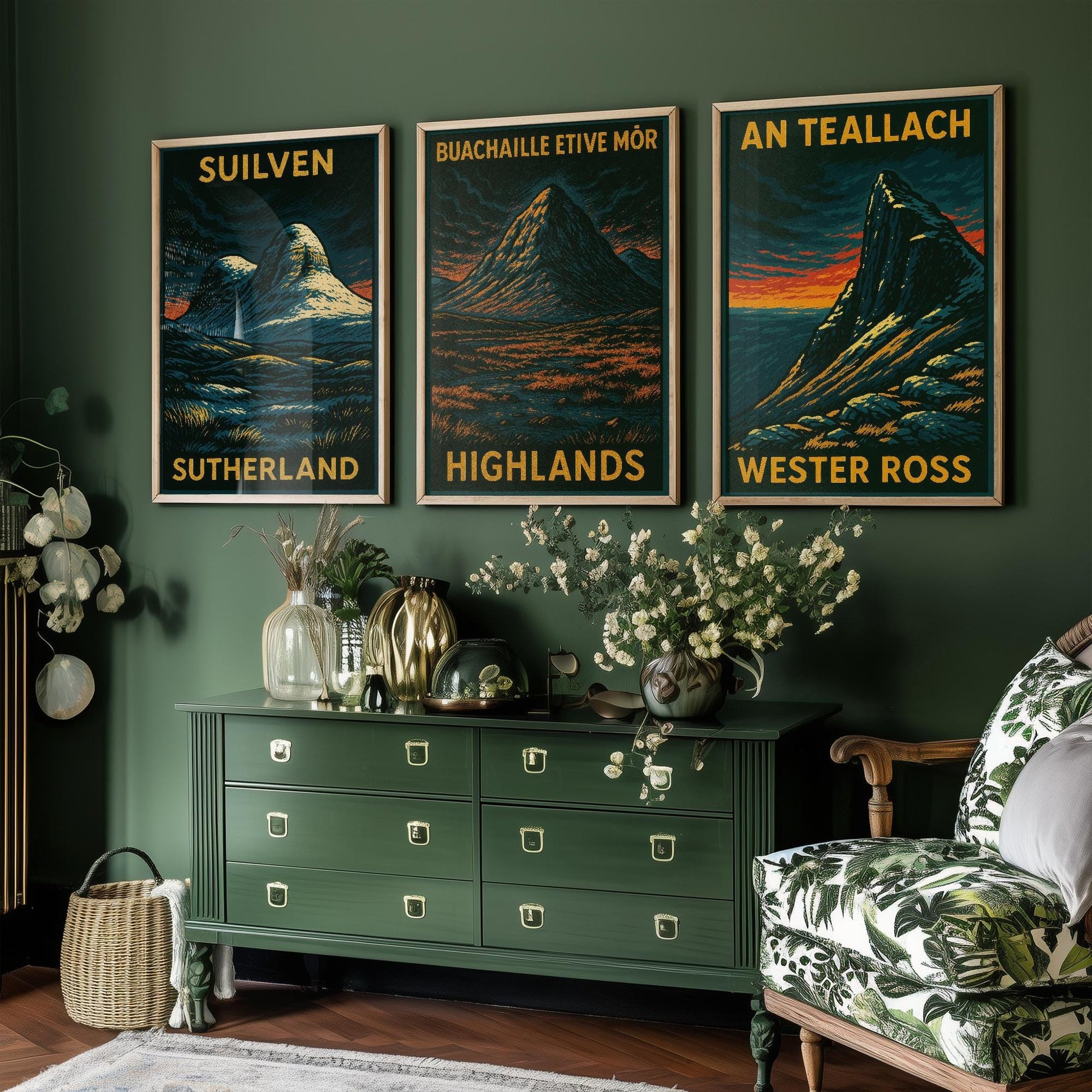 Suilven, Bauchaille Etive Mor, An Teallach Posters - Set of Three Scotland Travel Art Prints - 3 Dark Moody Illustration Painting Highlands