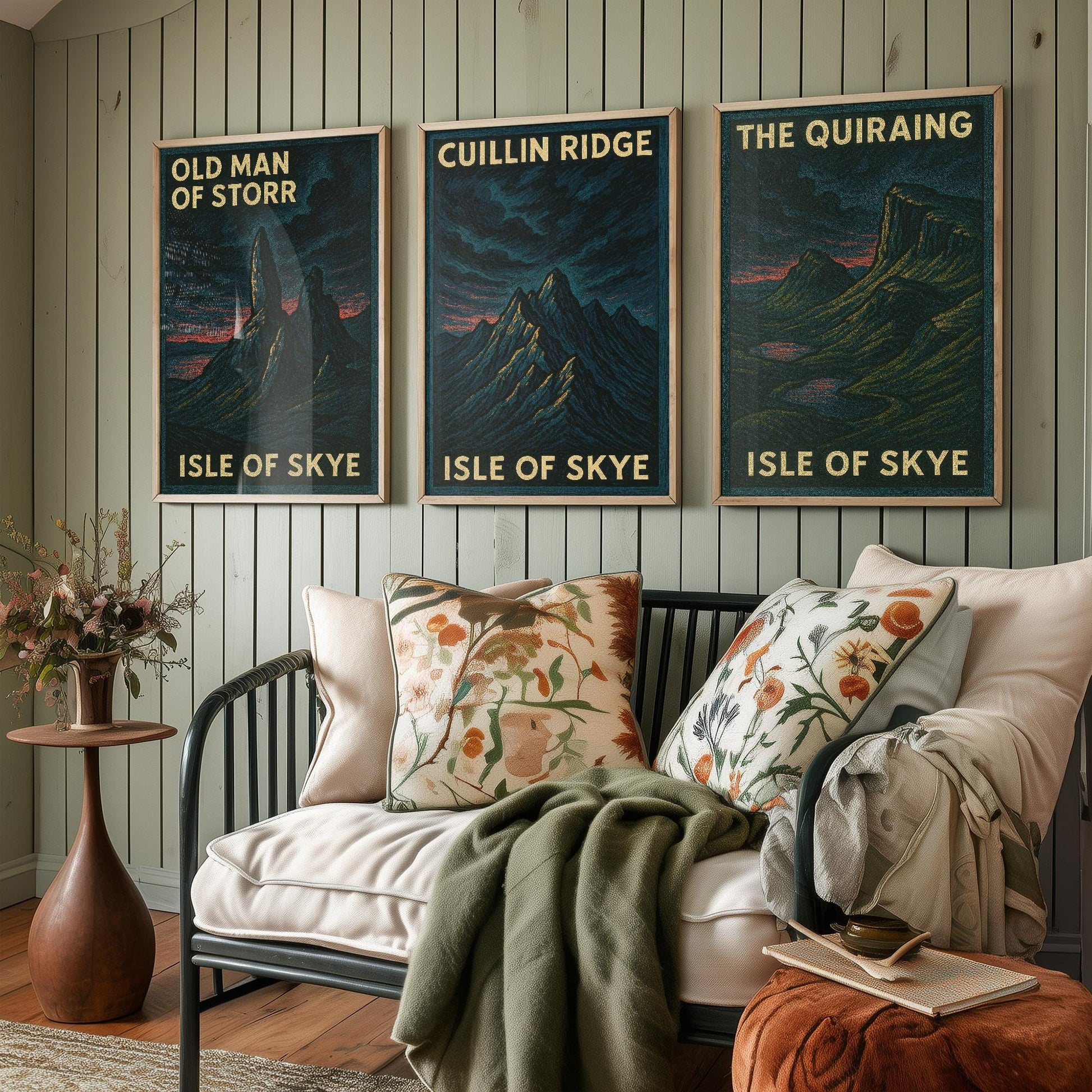 Isle of Skye Set of Three Art Prints- Old Man of Storr, Cuillin Ridge, The Quiraing Posters - 3 Dark Moody Illustration Painting Highlands