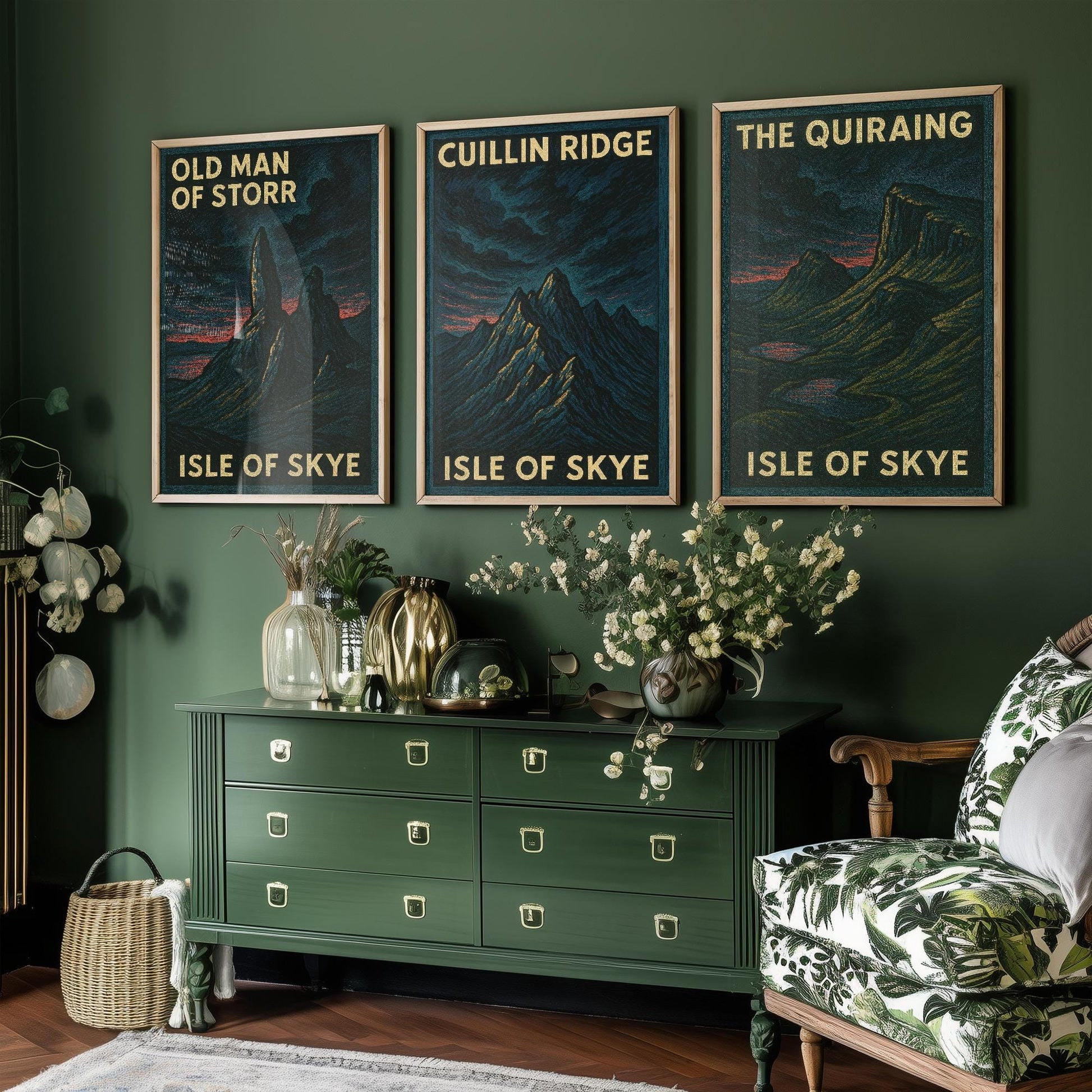Isle of Skye Set of Three Art Prints- Old Man of Storr, Cuillin Ridge, The Quiraing Posters - 3 Dark Moody Illustration Painting Highlands