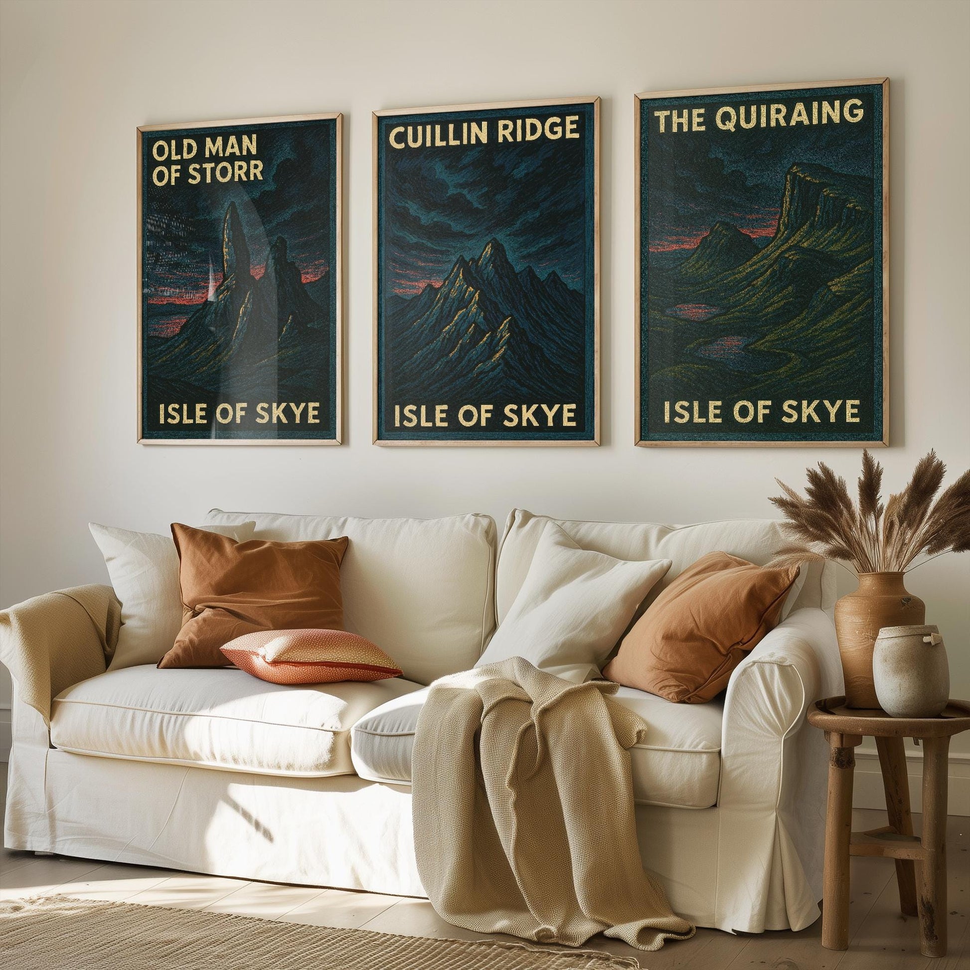 Isle of Skye Set of Three Art Prints- Old Man of Storr, Cuillin Ridge, The Quiraing Posters - 3 Dark Moody Illustration Painting Highlands