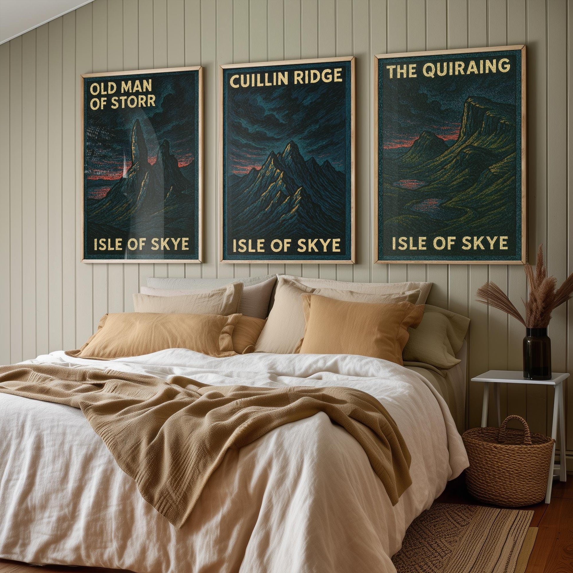 Isle of Skye Set of Three Art Prints- Old Man of Storr, Cuillin Ridge, The Quiraing Posters - 3 Dark Moody Illustration Painting Highlands
