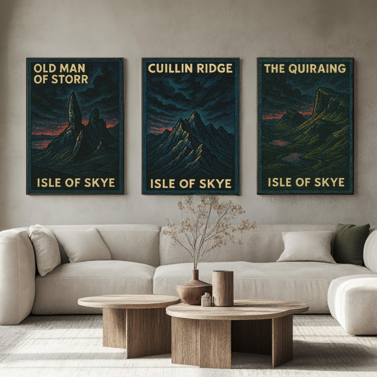 Isle of Skye Set of Three Art Prints- Old Man of Storr, Cuillin Ridge, The Quiraing Posters - 3 Dark Moody Illustration Painting Highlands