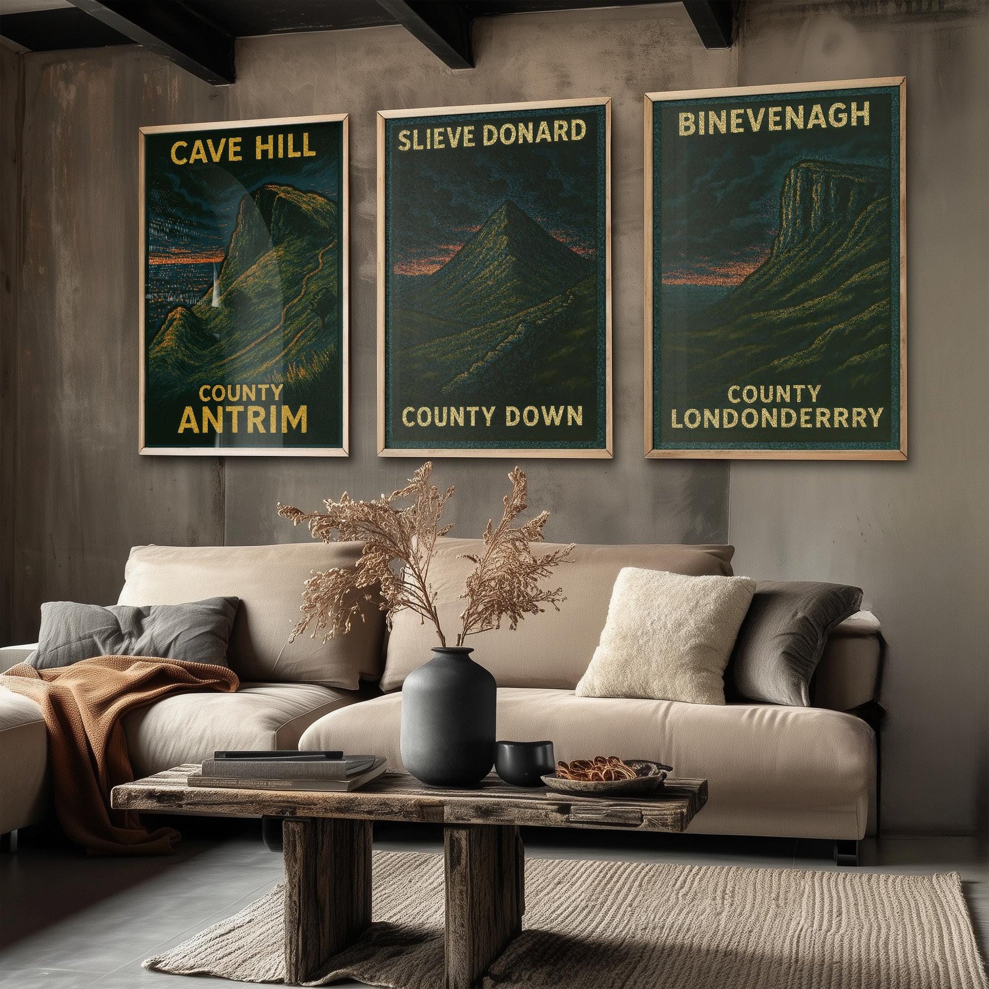 Norther Ireland Mountains Set of Three Art Prints- Cave Hill, Slieve Donard, Binevenagh Posters - 3 Dark Moody Illustration Painting