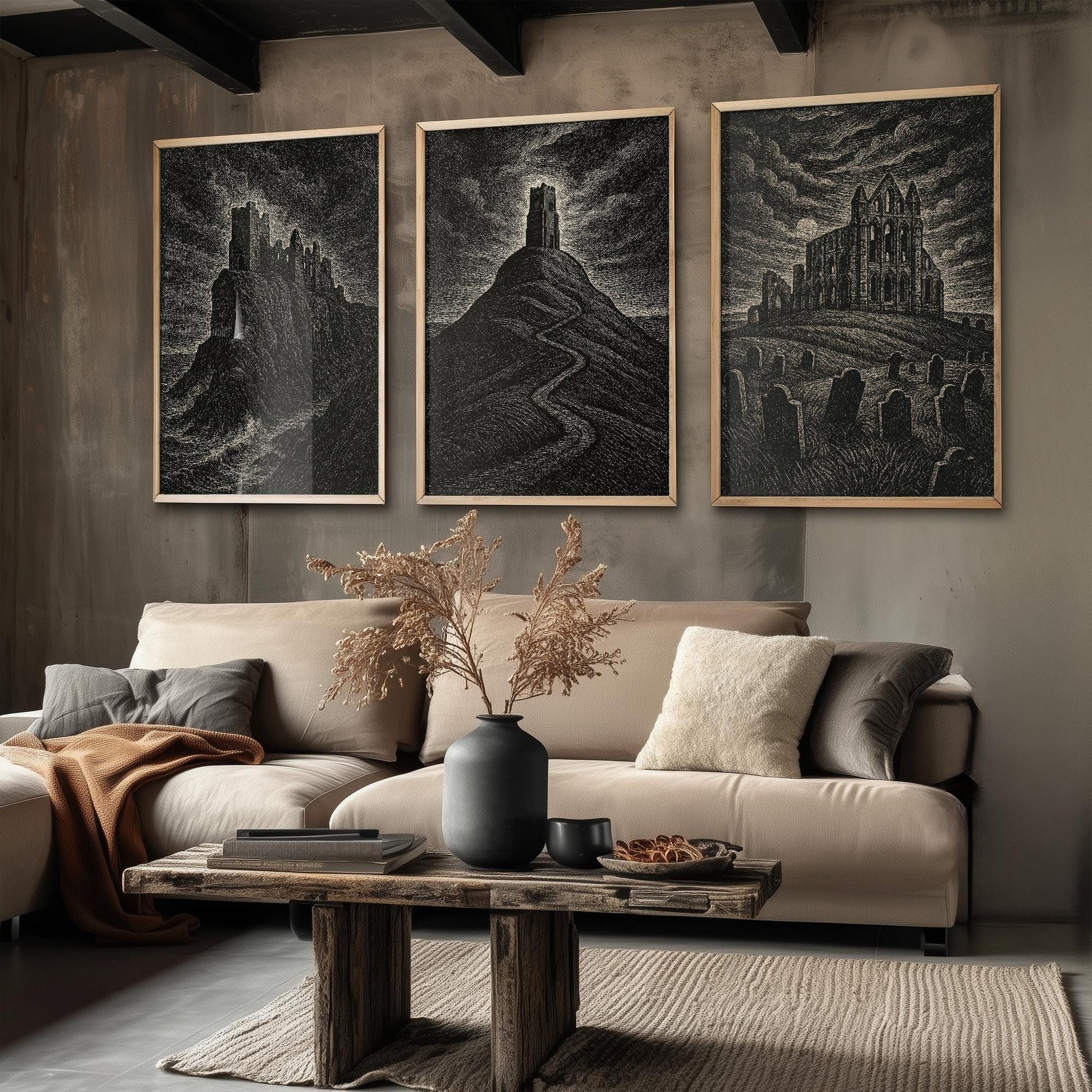 Moody UK Landmarks - Set of Three Art Prints - Dunnottar Castle, Glastonbury Tor, Whitby Abbey Posters - 3 Dark Illustration Painting