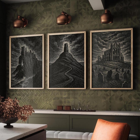 Moody UK Landmarks - Set of Three Art Prints - Dunnottar Castle, Glastonbury Tor, Whitby Abbey Posters - 3 Dark Illustration Painting