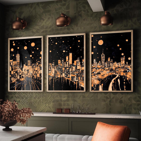 Swansea, Cardiff & Wrexham at Midnight - Set of Three Travel Posters - Illustrations 3 Art Prints Painting Gift Photo Wales Lights Welsh