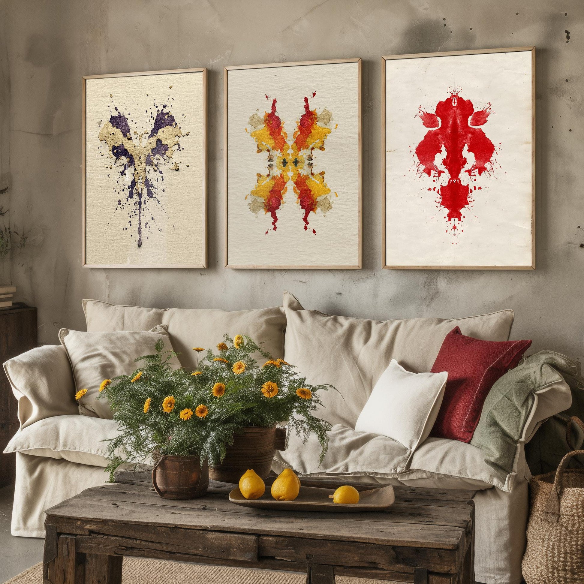 Rorschach Inkblot Set of Three Art Prints - Yellow Boom - 3 Psychology Student Paintings - Photo Poster Wall Art Gift Giclée Museum - Office