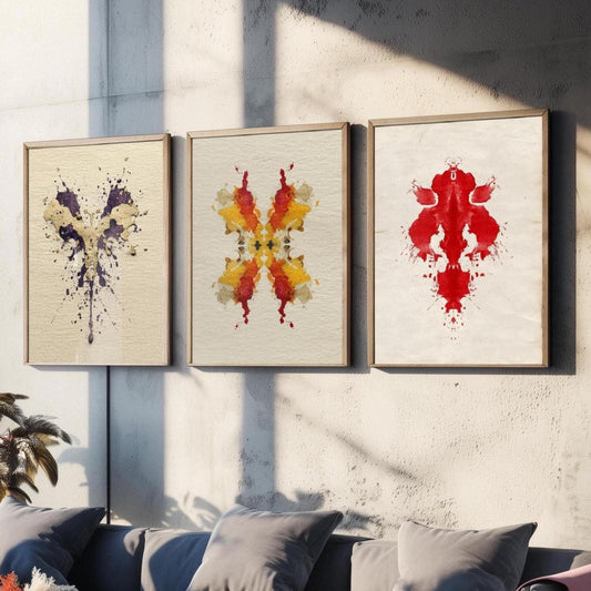 Rorschach Inkblot Set of Three Art Prints - Yellow Boom - 3 Psychology Student Paintings - Photo Poster Wall Art Gift Giclée Museum - Office