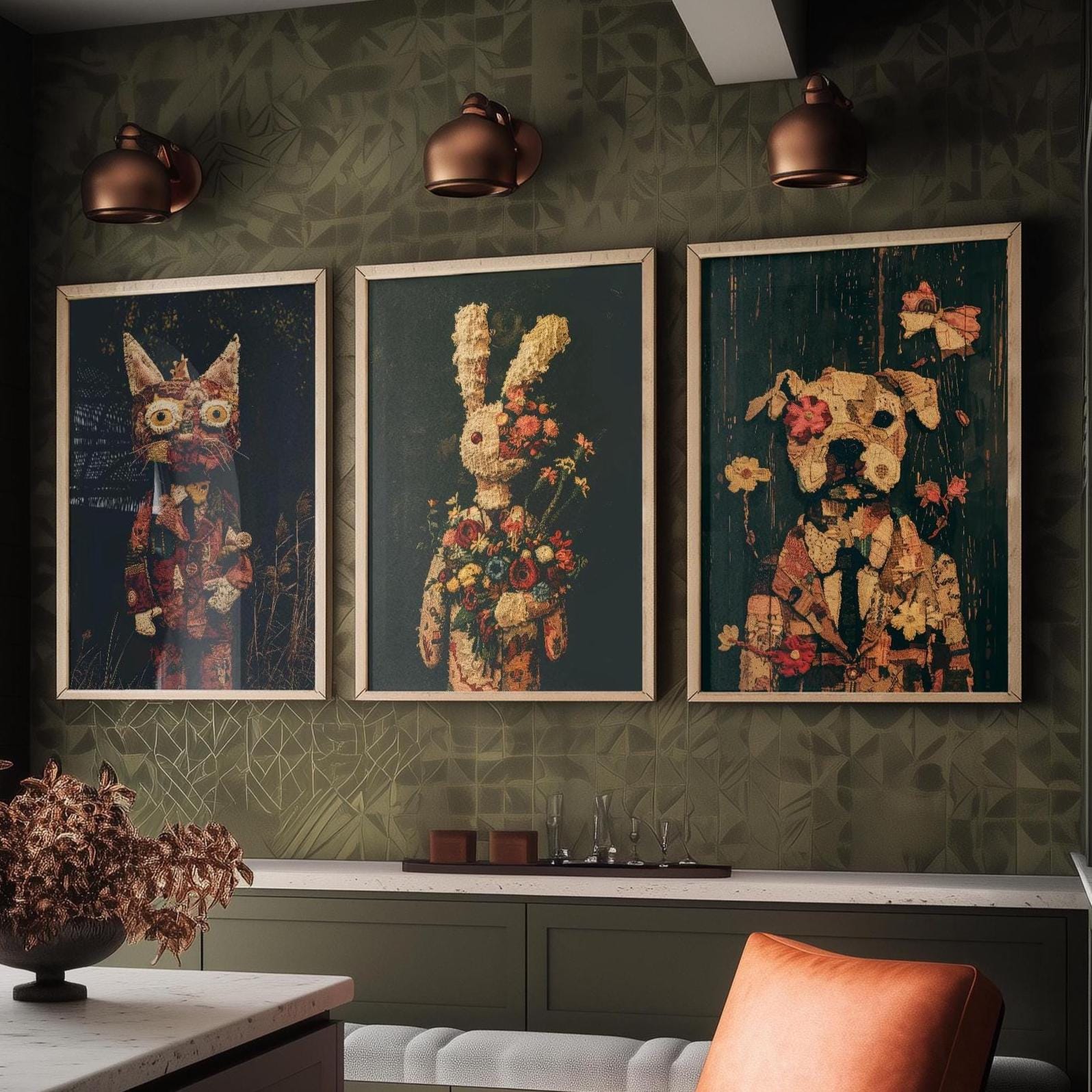 Set of Three Patchwork Safari Posters - 3 Cat Bunny Rabbit Dog Art Prints - Photo Painting Wall Gift Giclée Décor Kids Toy Favourite Nursery