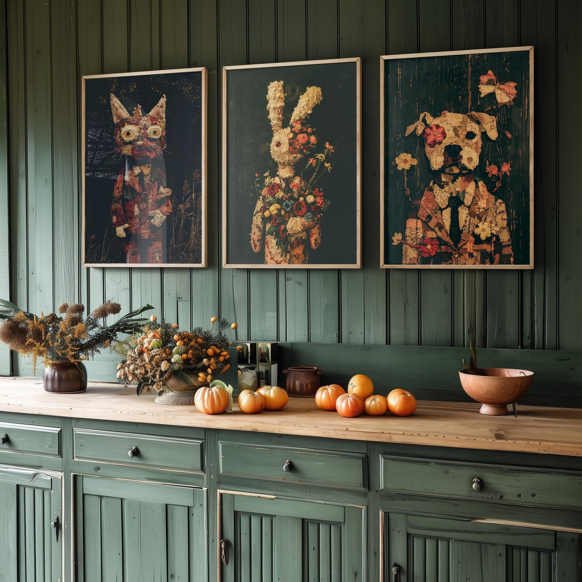 Set of Three Patchwork Safari Posters - 3 Cat Bunny Rabbit Dog Art Prints - Photo Painting Wall Gift Giclée Décor Kids Toy Favourite Nursery