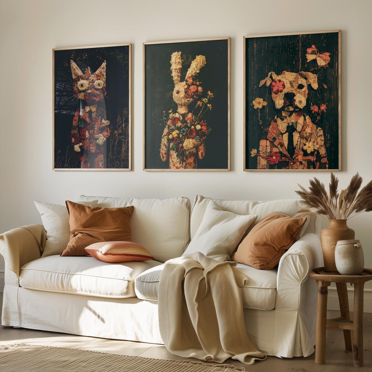 Set of Three Patchwork Safari Posters - 3 Cat Bunny Rabbit Dog Art Prints - Photo Painting Wall Gift Giclée Décor Kids Toy Favourite Nursery