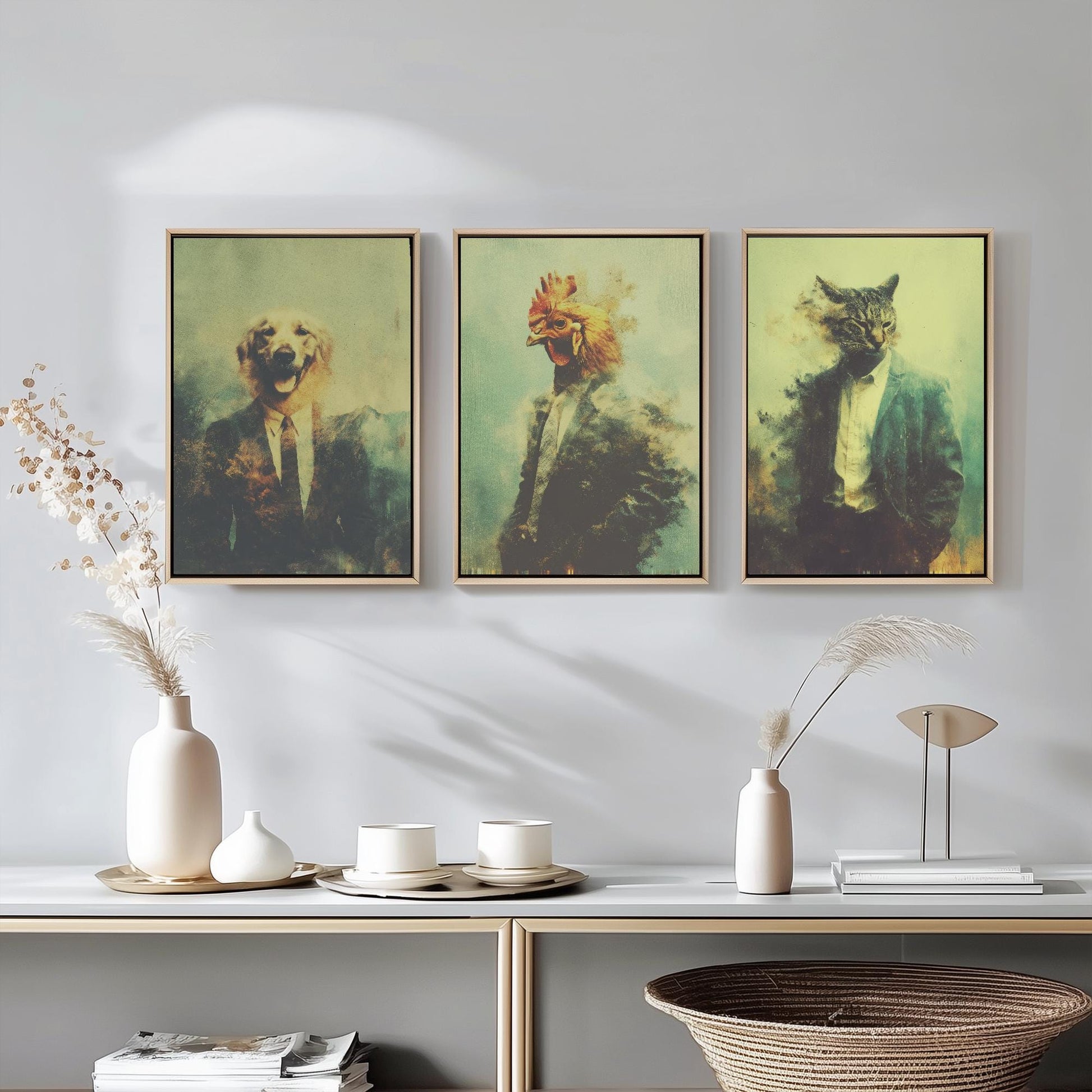 Set of Three Business Animals Wearing Suits Paintings - 3 Golden Retriever Dog, Chicken, Cat Art Prints - Photo Poster Wall Gift